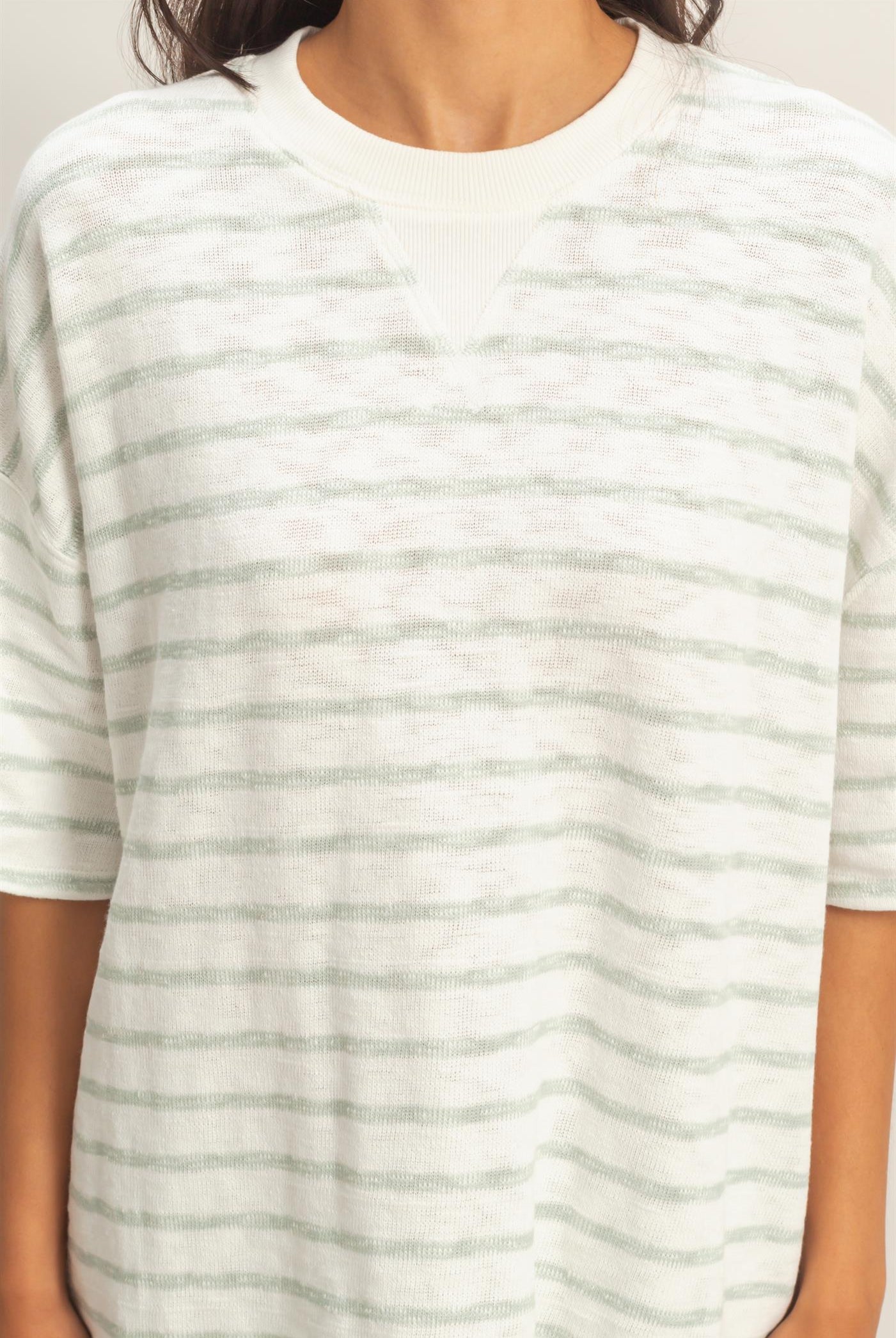 Wholesale Oversized Striped V-Stitch Short Sleeve Top Clothing Tops DZ26A455 SAGE GREEN DOUBLE ZERO