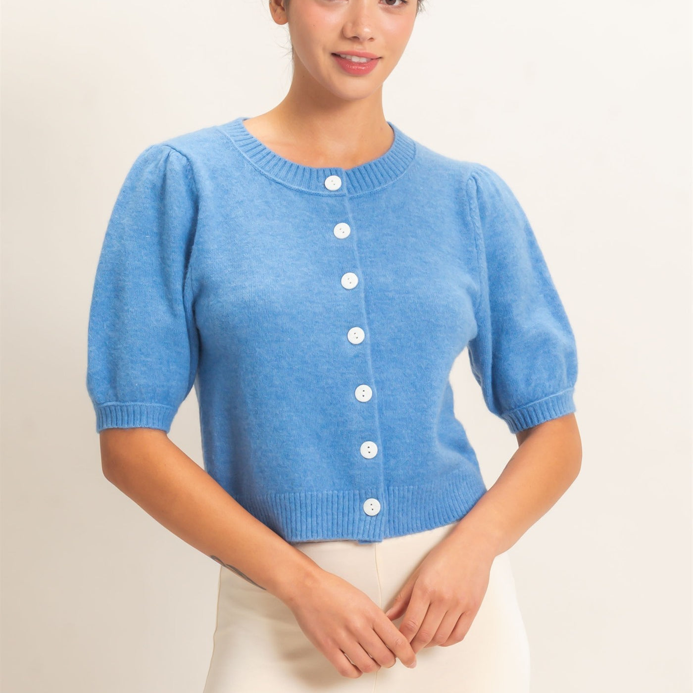 Wholesale Button Front Puff Short Sleeve Cardigan Cardigans DZ26C960 BLUE DOUBLE ZERO