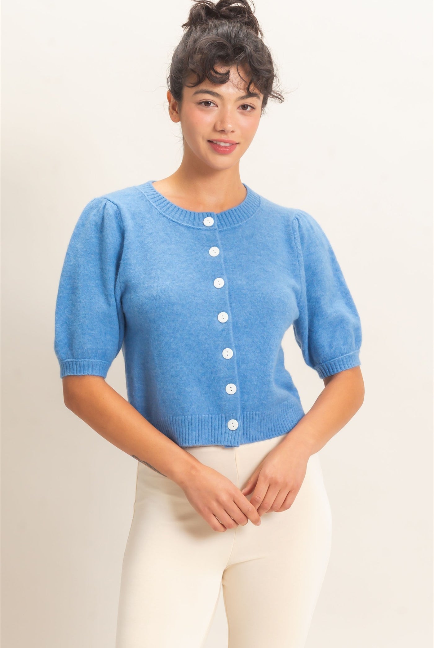 Wholesale Button Front Puff Short Sleeve Cardigan Cardigans DZ26C960 BLUE DOUBLE ZERO