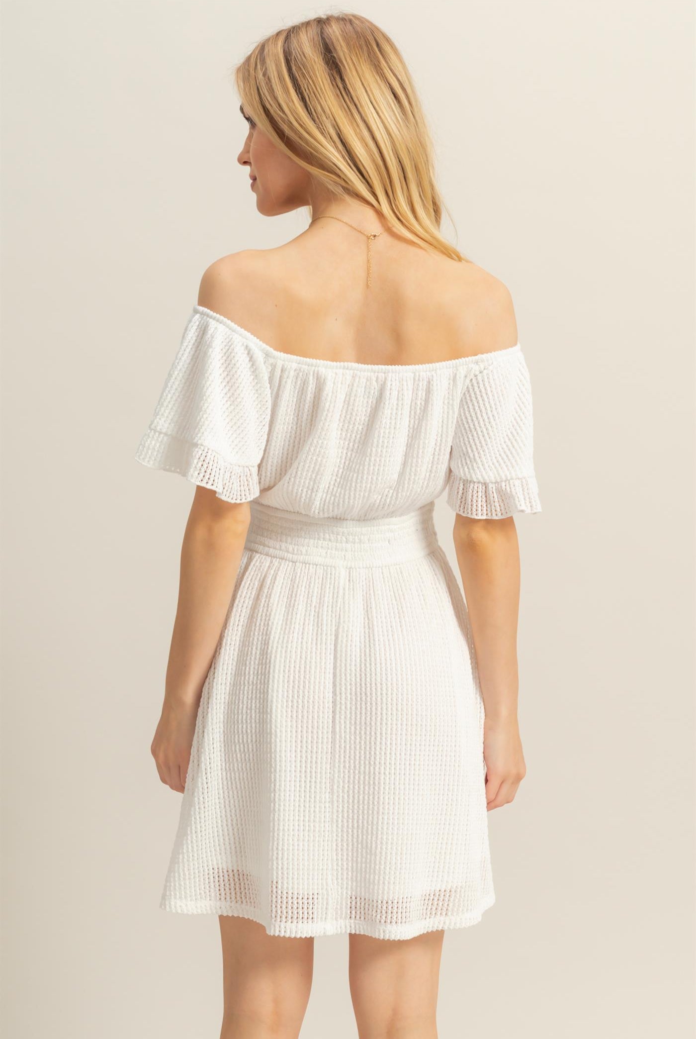 Wholesale Crochet Off-The-Shoulder Mini Dress Dresses HF25E125 WHITE HYFVE