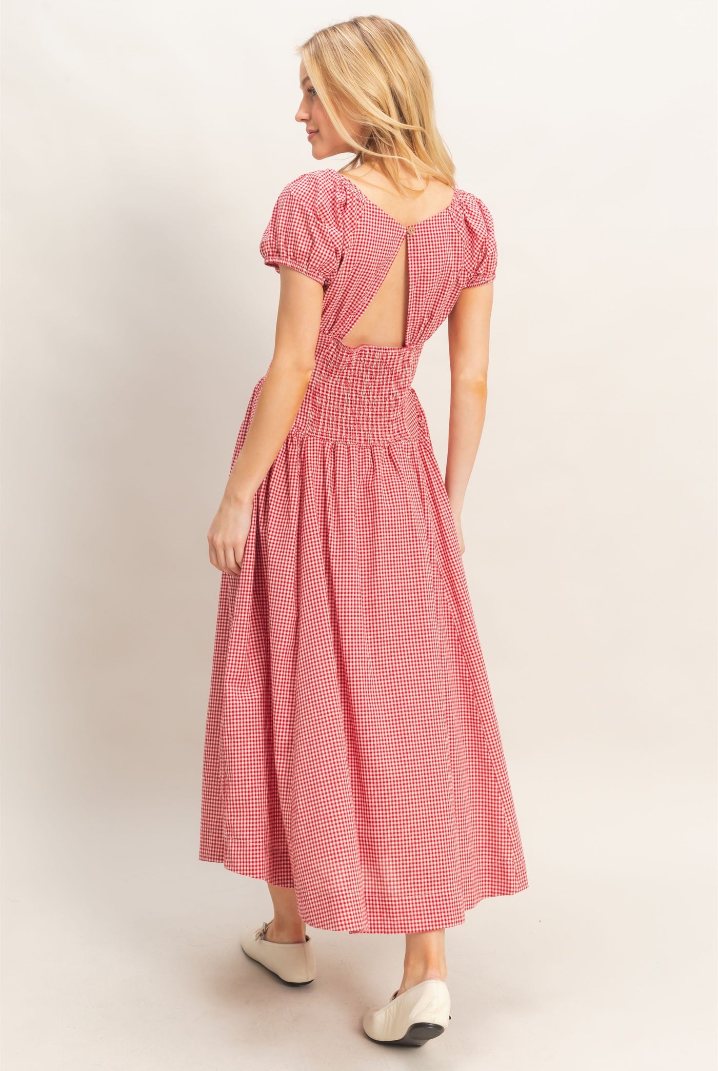 Wholesale Gingham Puff Sleeve Dress Dresses HF26A321 RED HYFVE