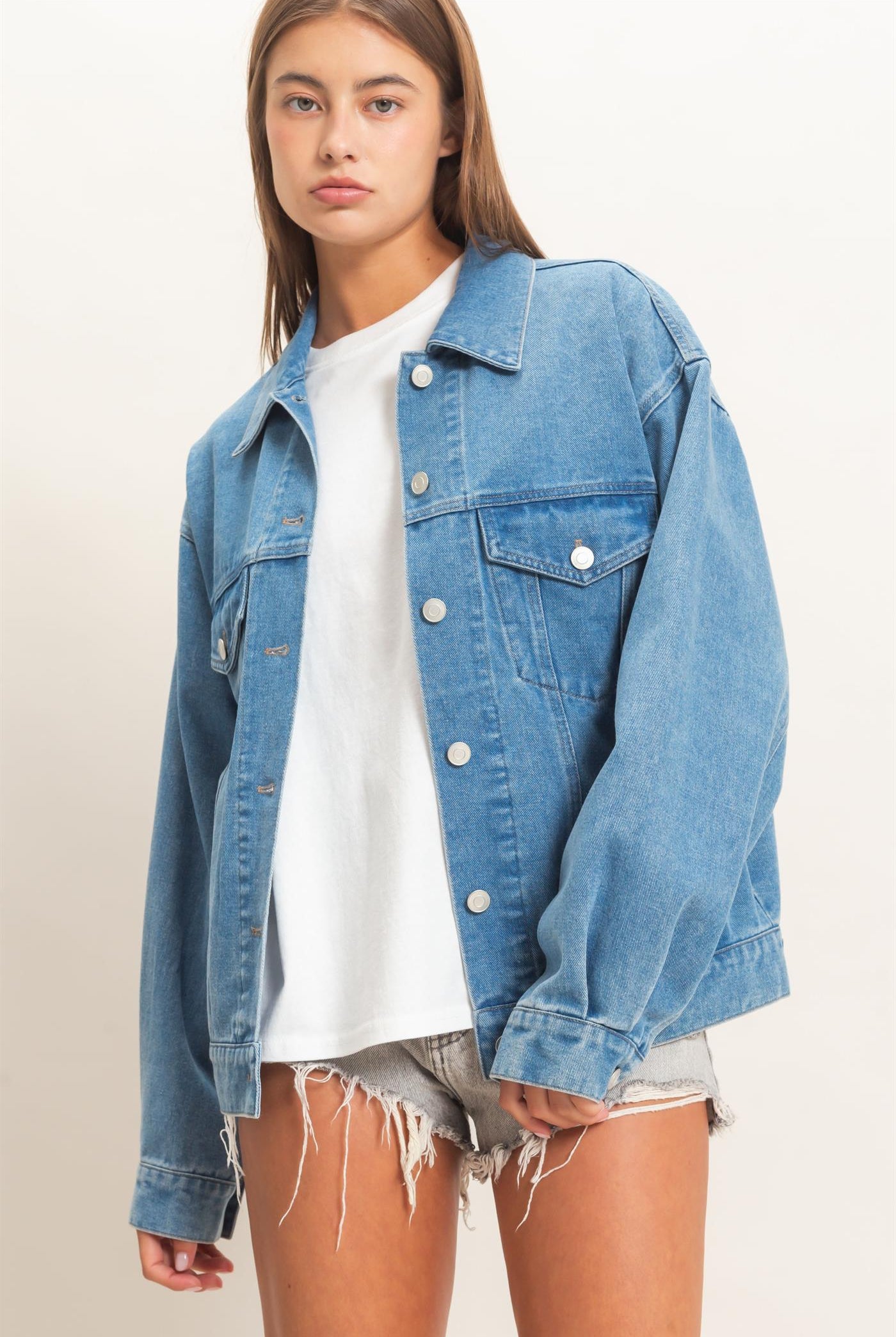Wholesale Oversized Denim Trucker Jacket Coats & Jackets DZ26E804 MEDIUM BLUE DOUBLE ZERO