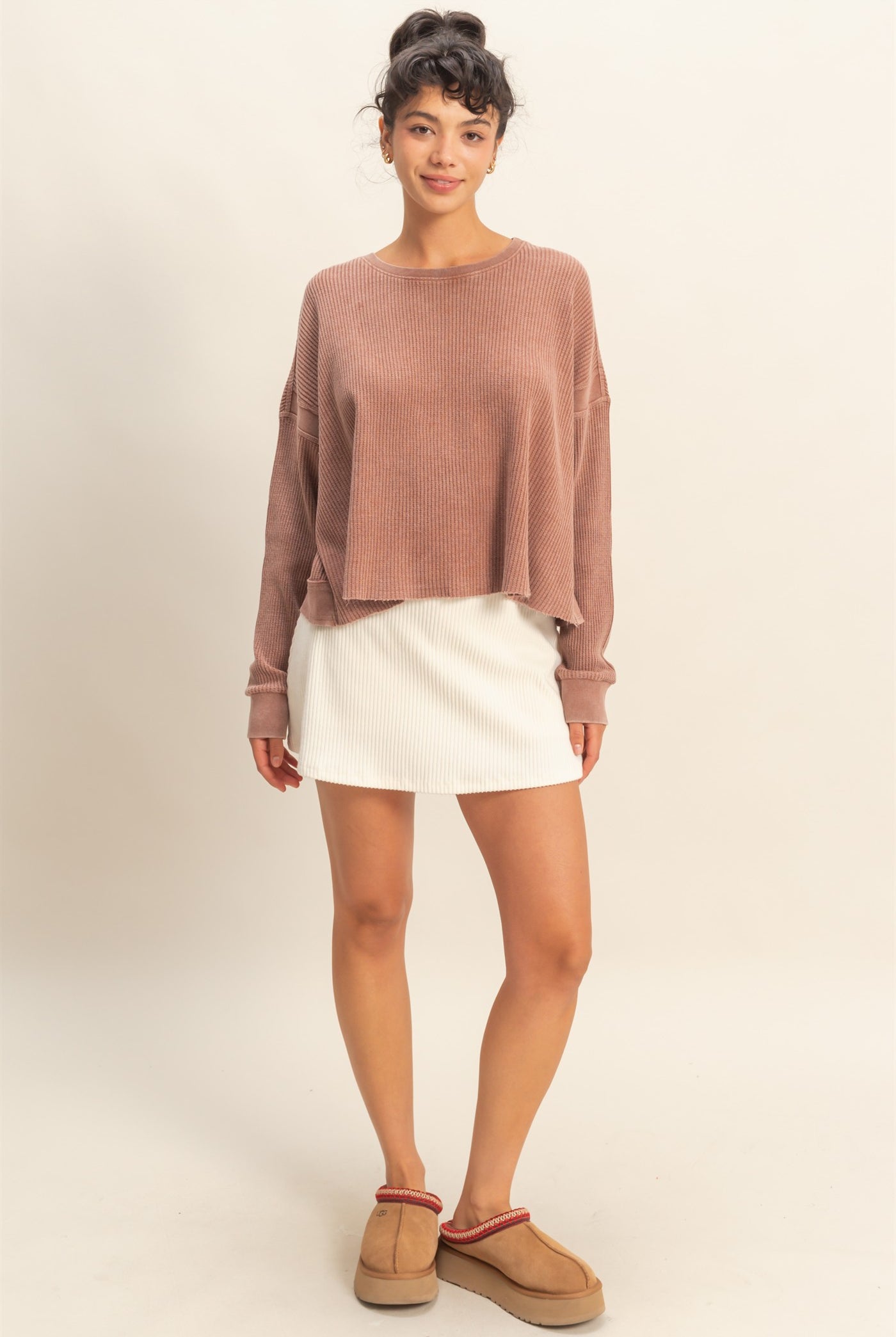 Wholesale Open Back Textured Knit Long Sleeve Top Clothing Tops DZ26A626 CHESTNUT DOUBLE ZERO