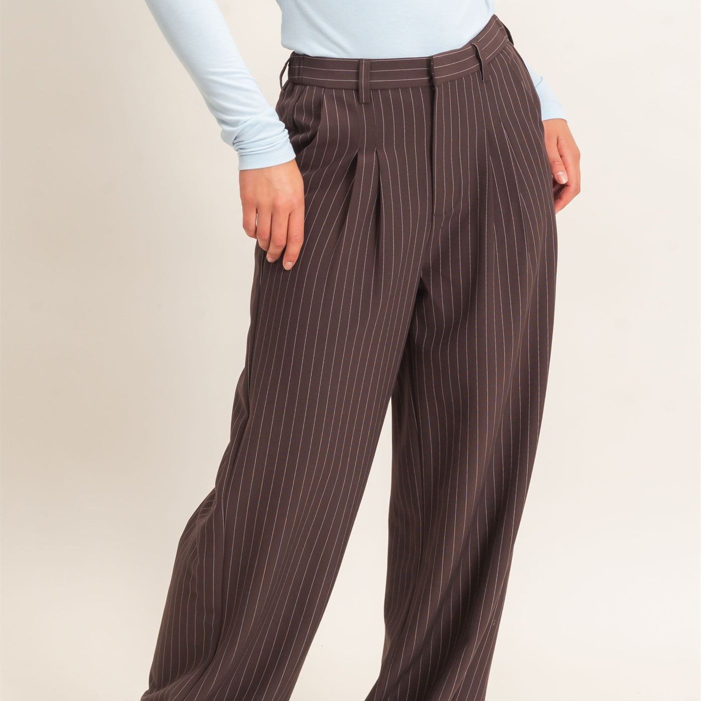 Wholesale Pinstripe Wide-Leg Trousers Pants DZ26E426 DARK BROWN DOUBLE ZERO