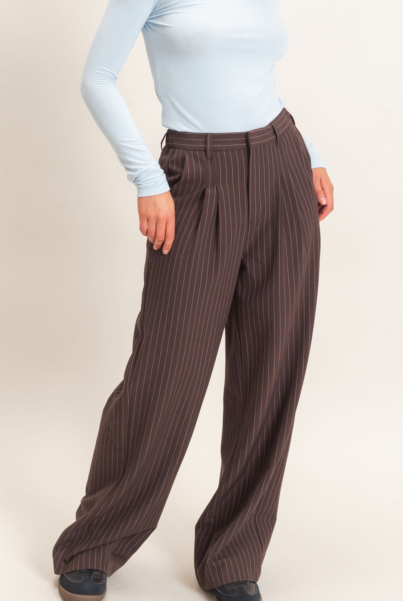 Wholesale Pinstripe Wide-Leg Trousers Pants DZ26E426 DARK BROWN DOUBLE ZERO