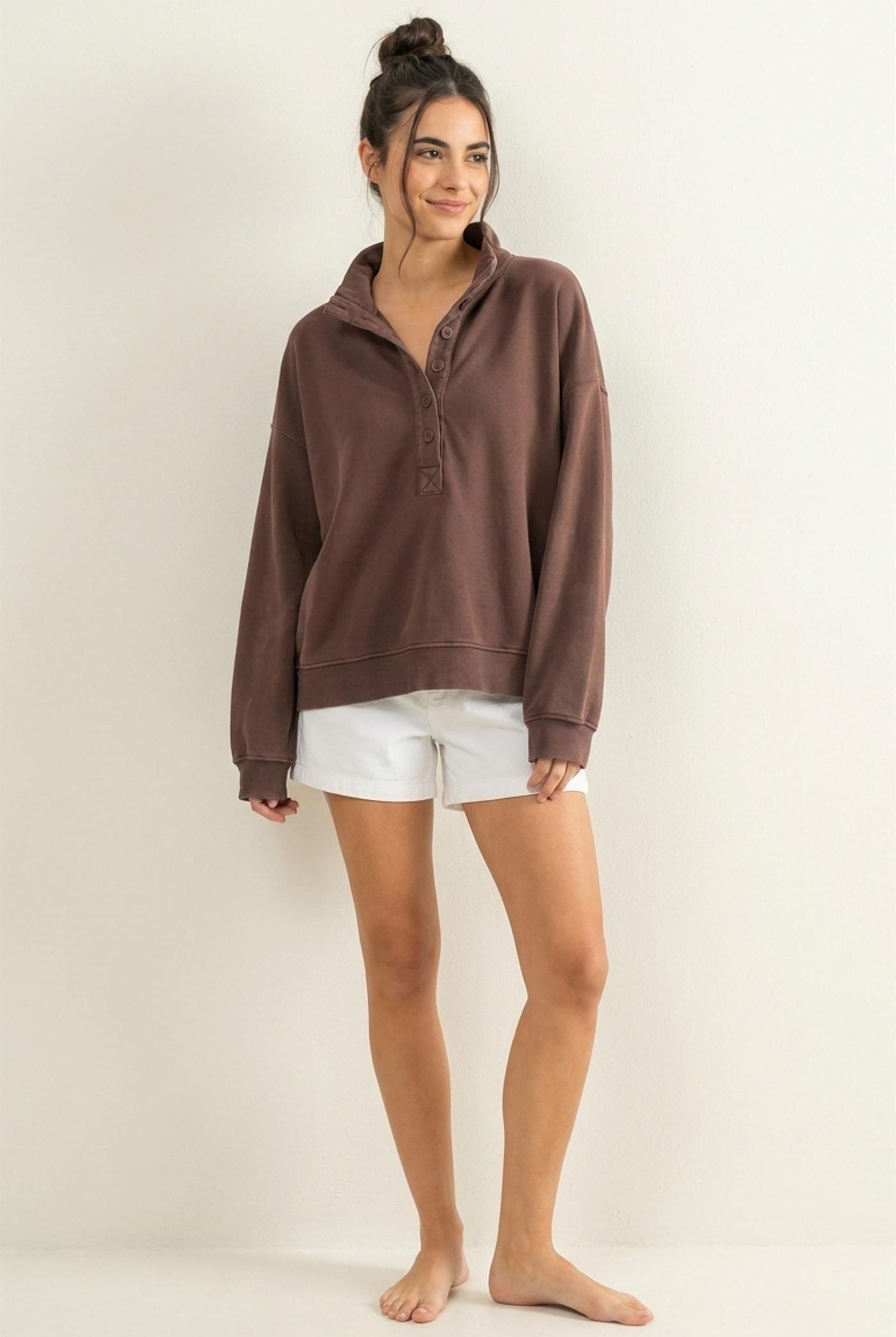 Wholesale Mineral Wash Button Front Sweatshirt Sweatshirts DZ26C909 DARK BROWN DOUBLE ZERO