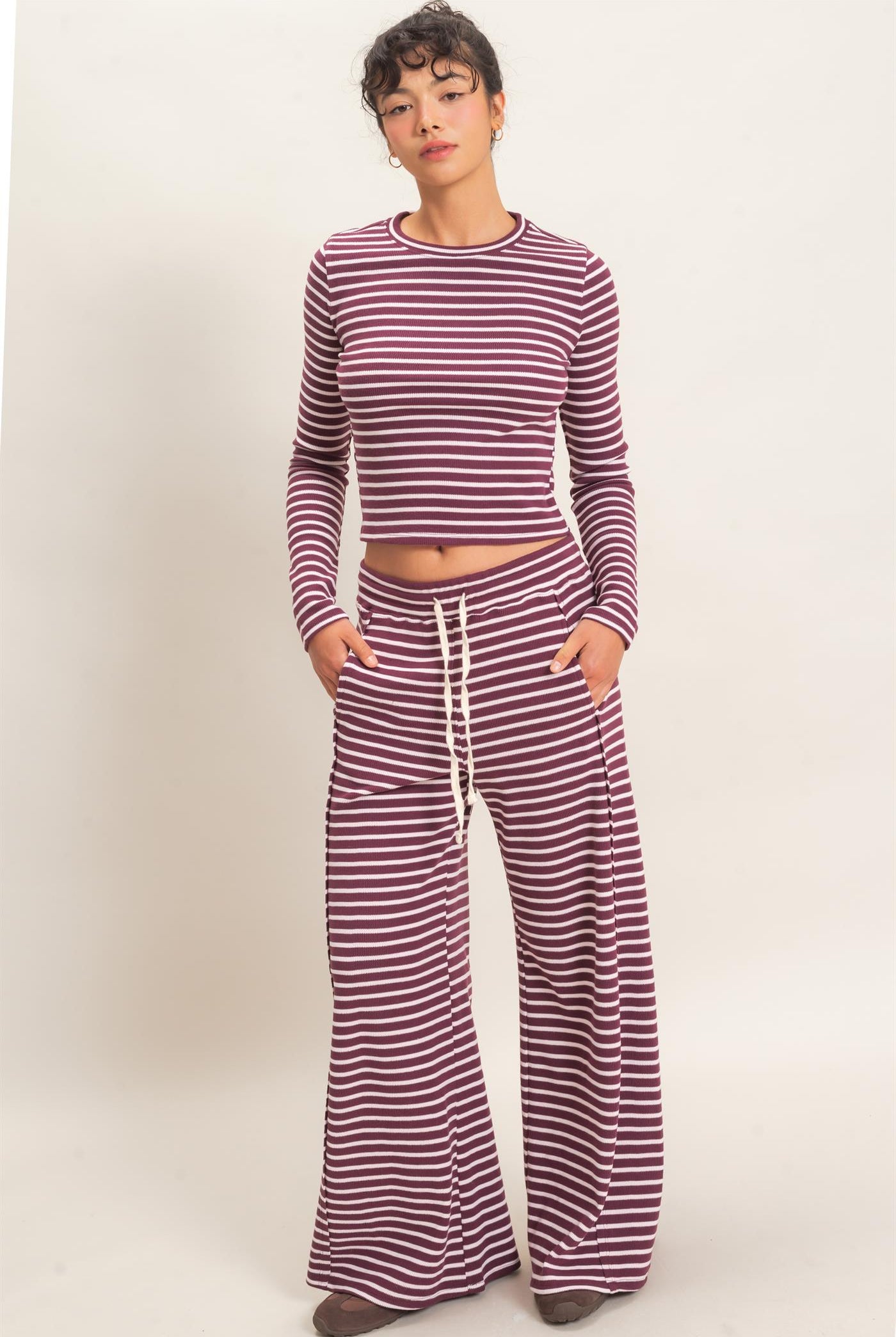 Wholesale Striped Waffle Long Sleeve Top & Pants Set Clothing DZ25F479-SET DARK CHERRY DOUBLE ZERO