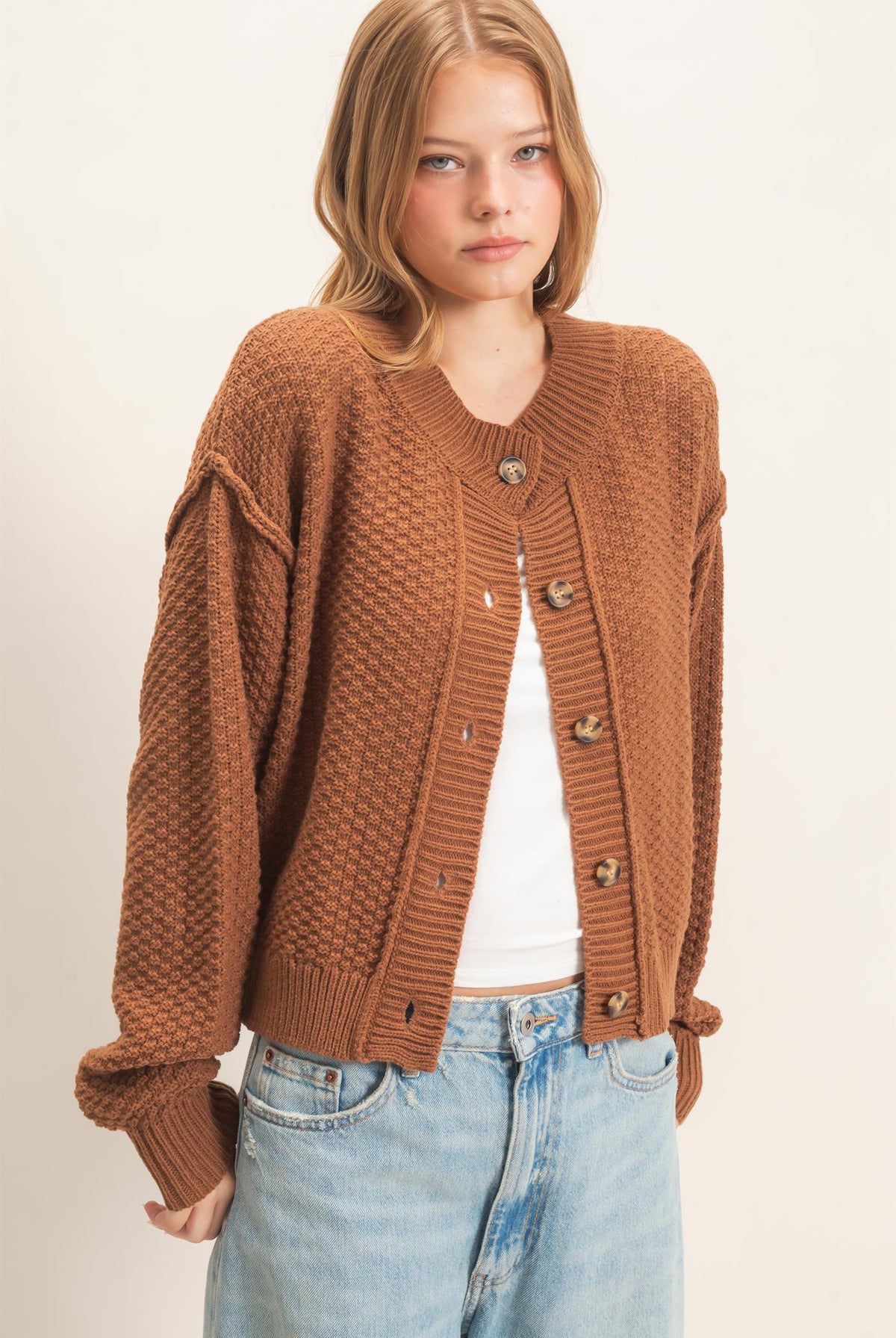 Wholesale Textured Knit Button-Front Cardigan Cardigans HF26C409 BROWN HYFVE