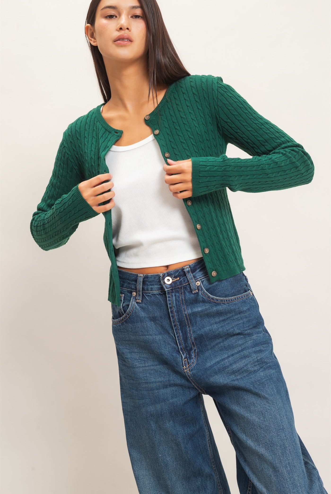 Wholesale Cable Knit Cardigan Cardigans DZ26E256 DARK GREEN DOUBLE ZERO
