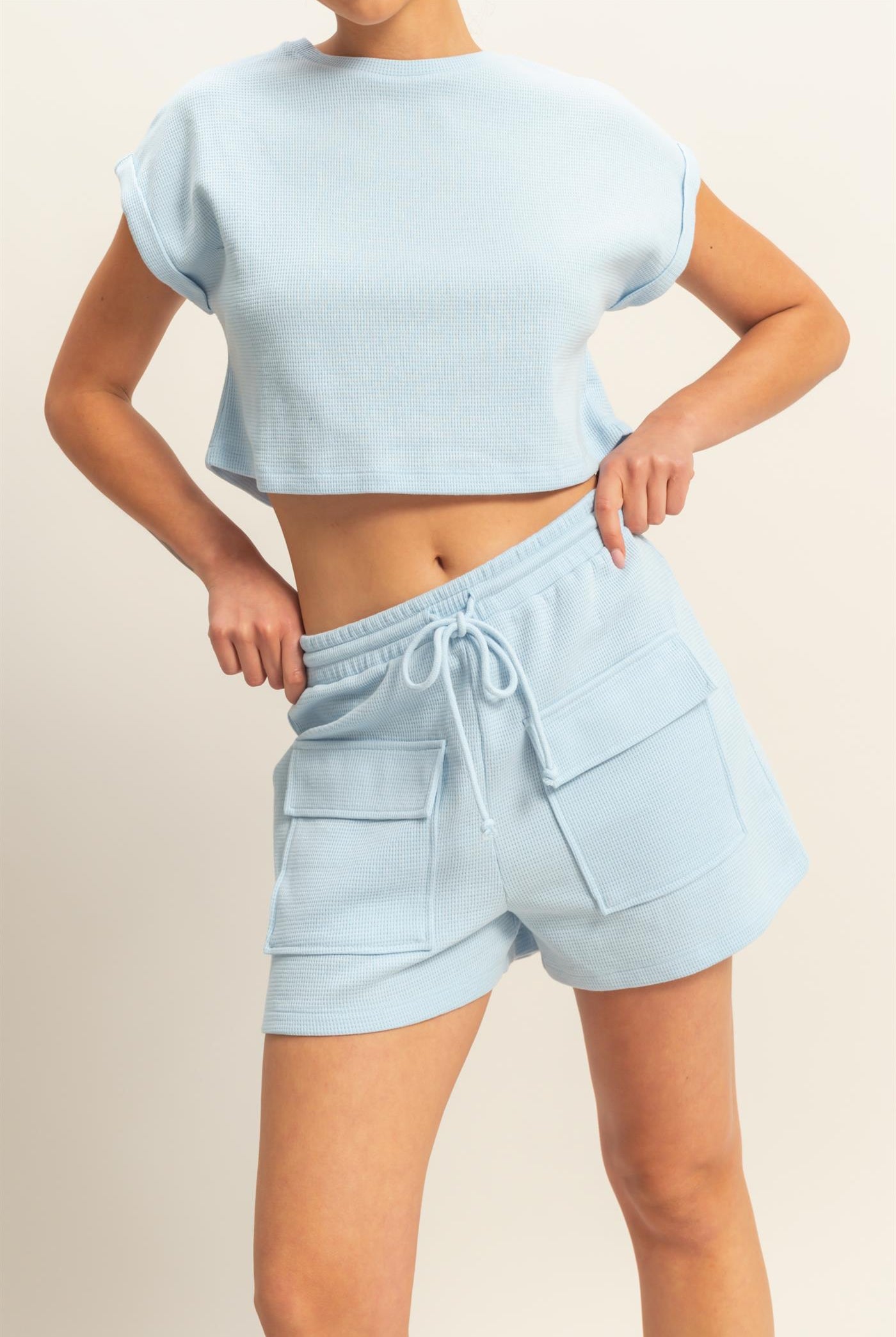 Wholesale Waffle Knit Front Pocket Shorts Shorts DZ25A793 ICE BLUE DOUBLE ZERO