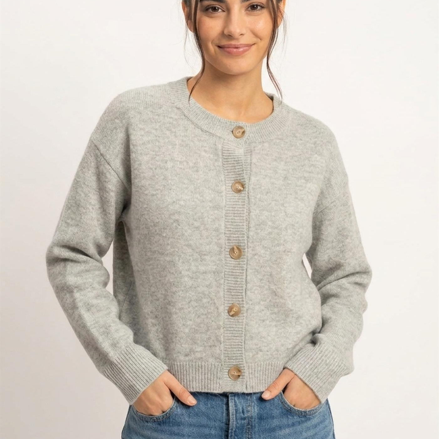 Wholesale Crew Neck Button Front Cardigan Cardigans DZ26E639 HEATHER GRAY DOUBLE ZERO