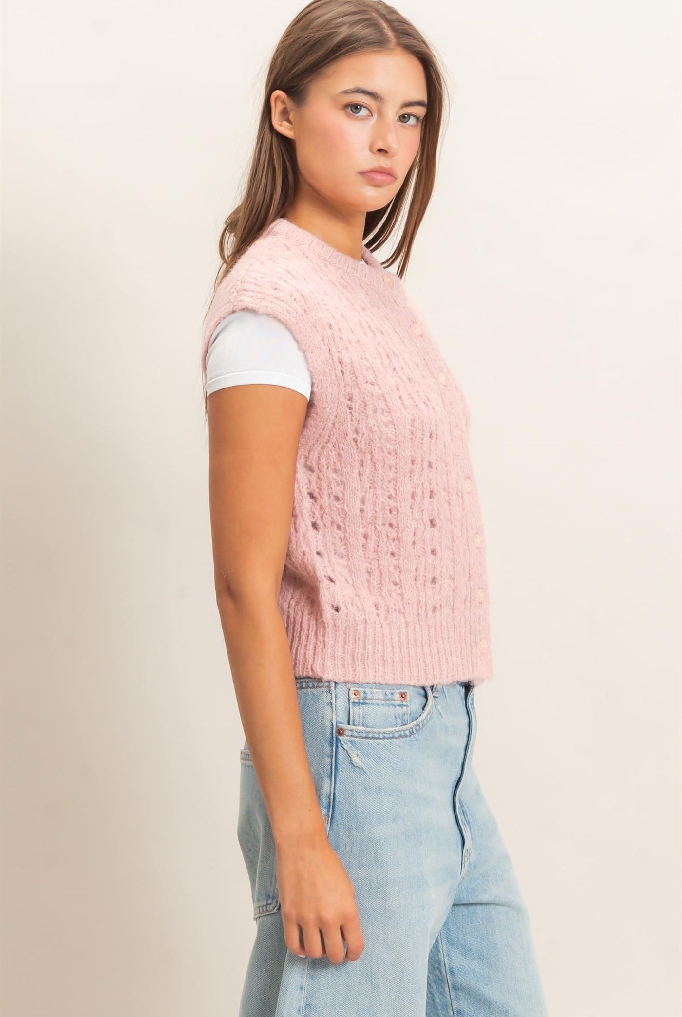 Wholesale Open Knit Sleeveless Button Front Sweater Vest Sweaters DZ26A829 PINK DOUBLE ZERO