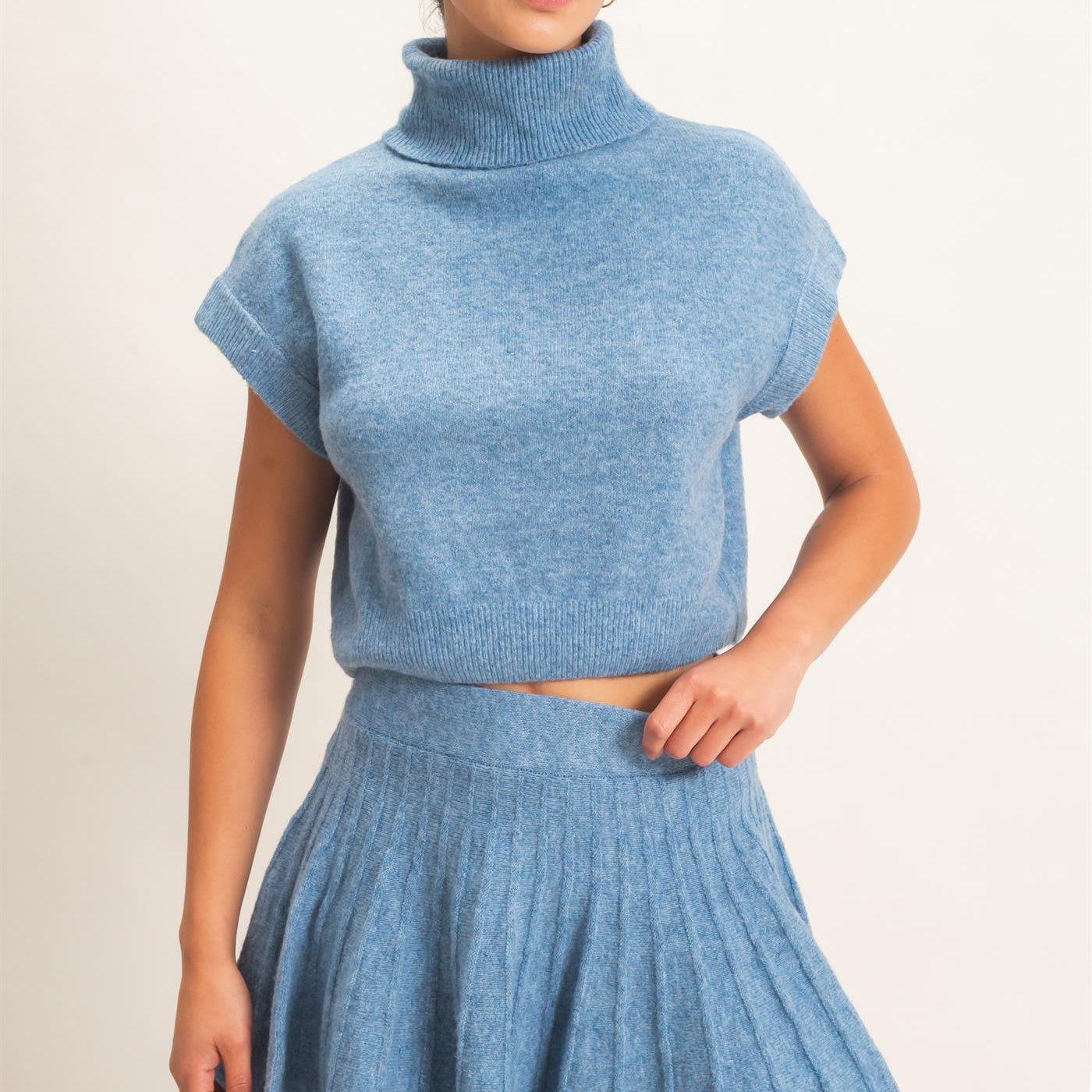 Wholesale Turtleneck Crop Top And Pleated Skirt Set Clothing DZ26C981-SET DUSTY BLUE DOUBLE ZERO