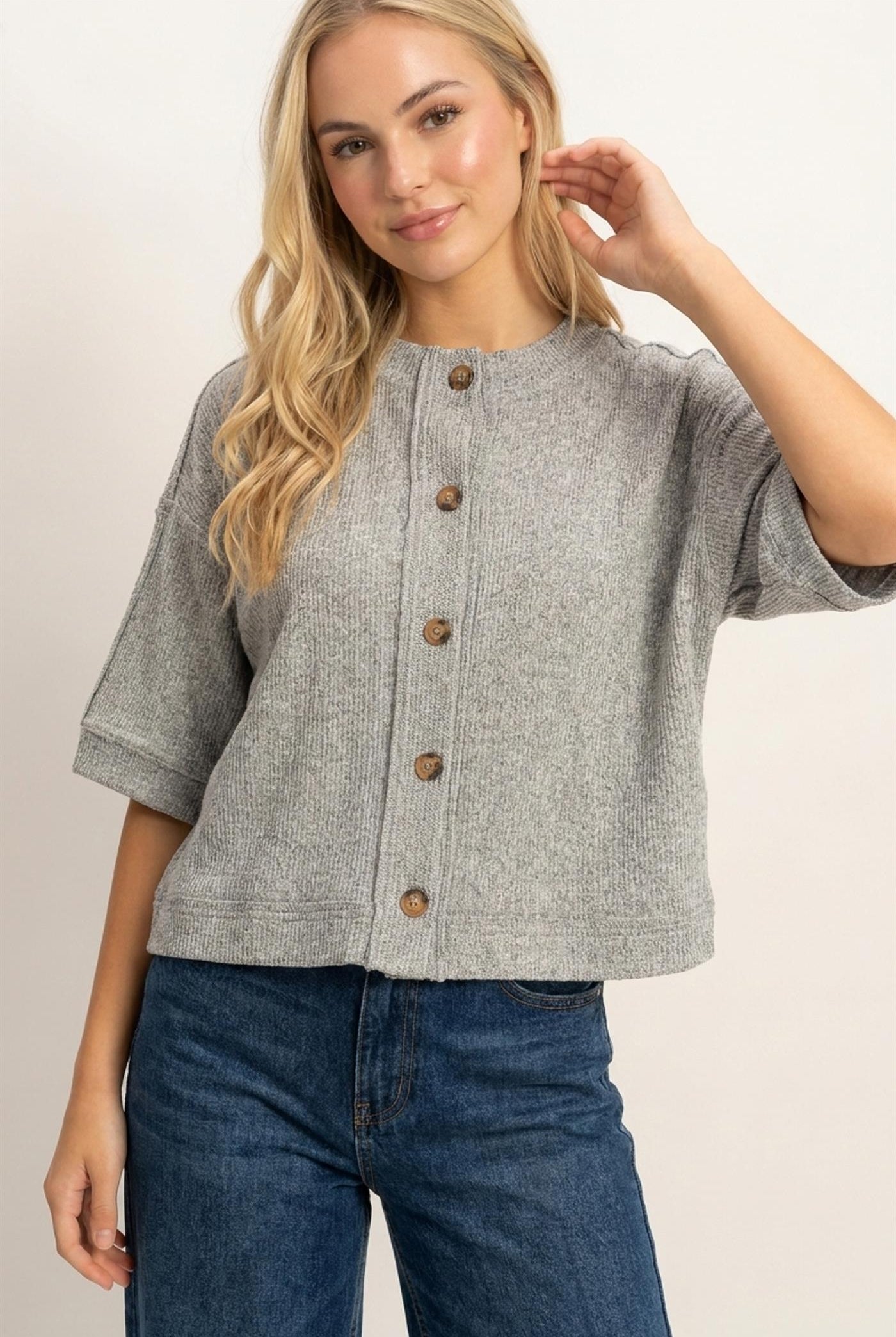 Wholesale Button-Down Short Sleeve Waffle Top Clothing Tops DZ26F244 HEATHER GRAY DOUBLE ZERO