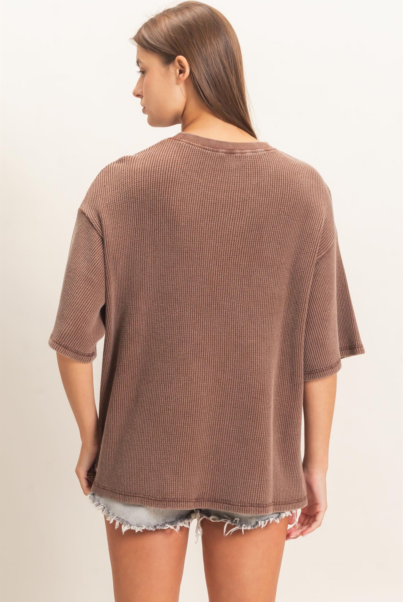 Wholesale Mineral Wash Waffle Crew Neck Short Sleeve Top Clothing Tops DZ26E328 DARK BROWN DOUBLE ZERO