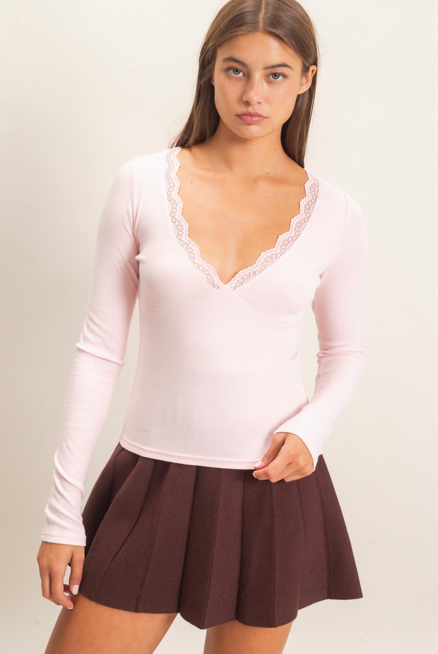 Wholesale Lace Trim V-Neck Top Clothing Tops DZ26E913 LIGHT PINK DOUBLE ZERO