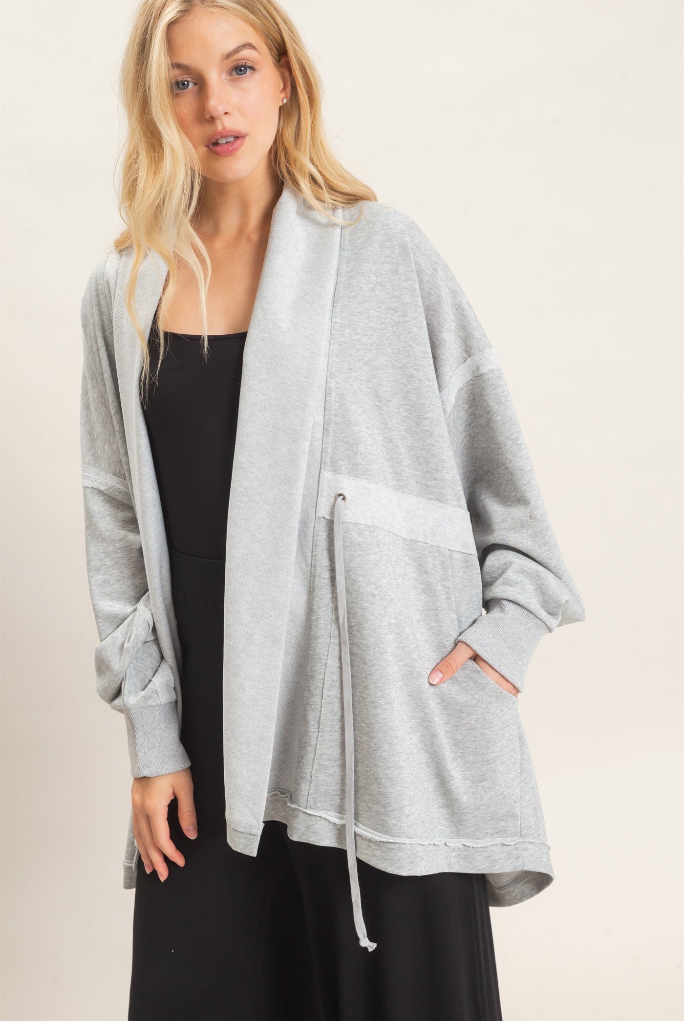 Wholesale Open Front Tie Waist Cardigan Cardigans HF26C778 HEATHER GRAY HYFVE