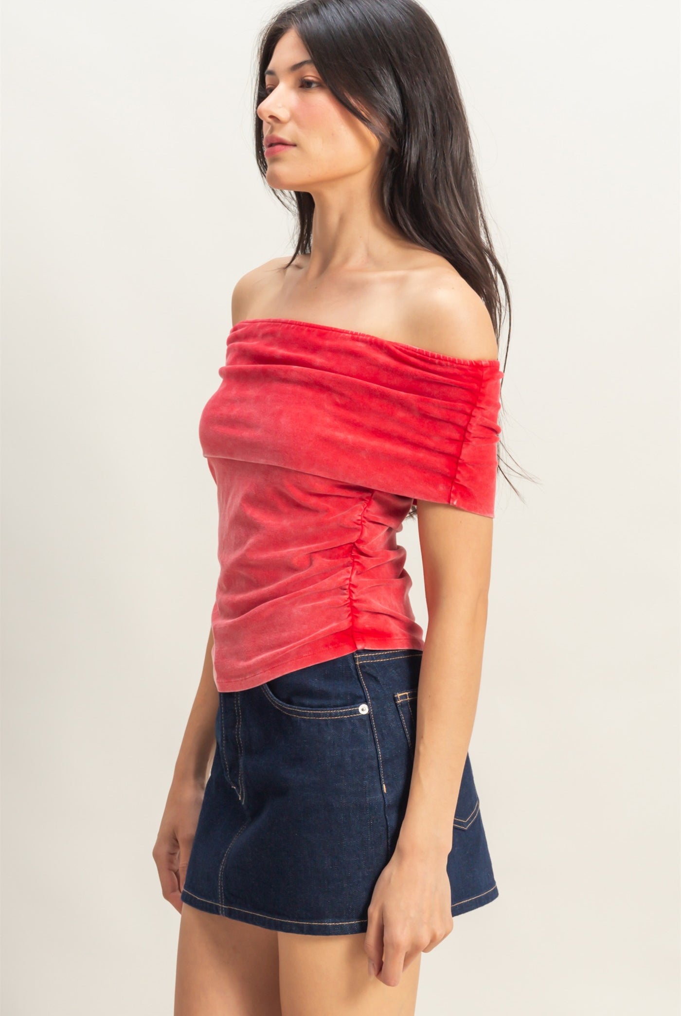 Wholesale Off-The-Shoulder Side Ruched Top Clothing Tops DZ25C848 RED DOUBLE ZERO