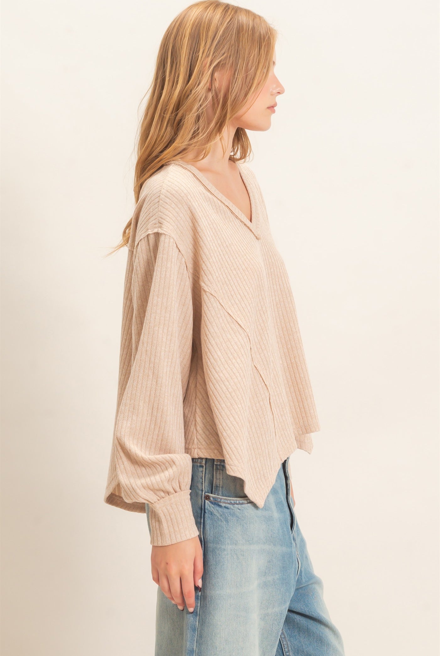 Wholesale Ribbed V-Neck Knit Top Shirts HF26F351 BEIGE HYFVE