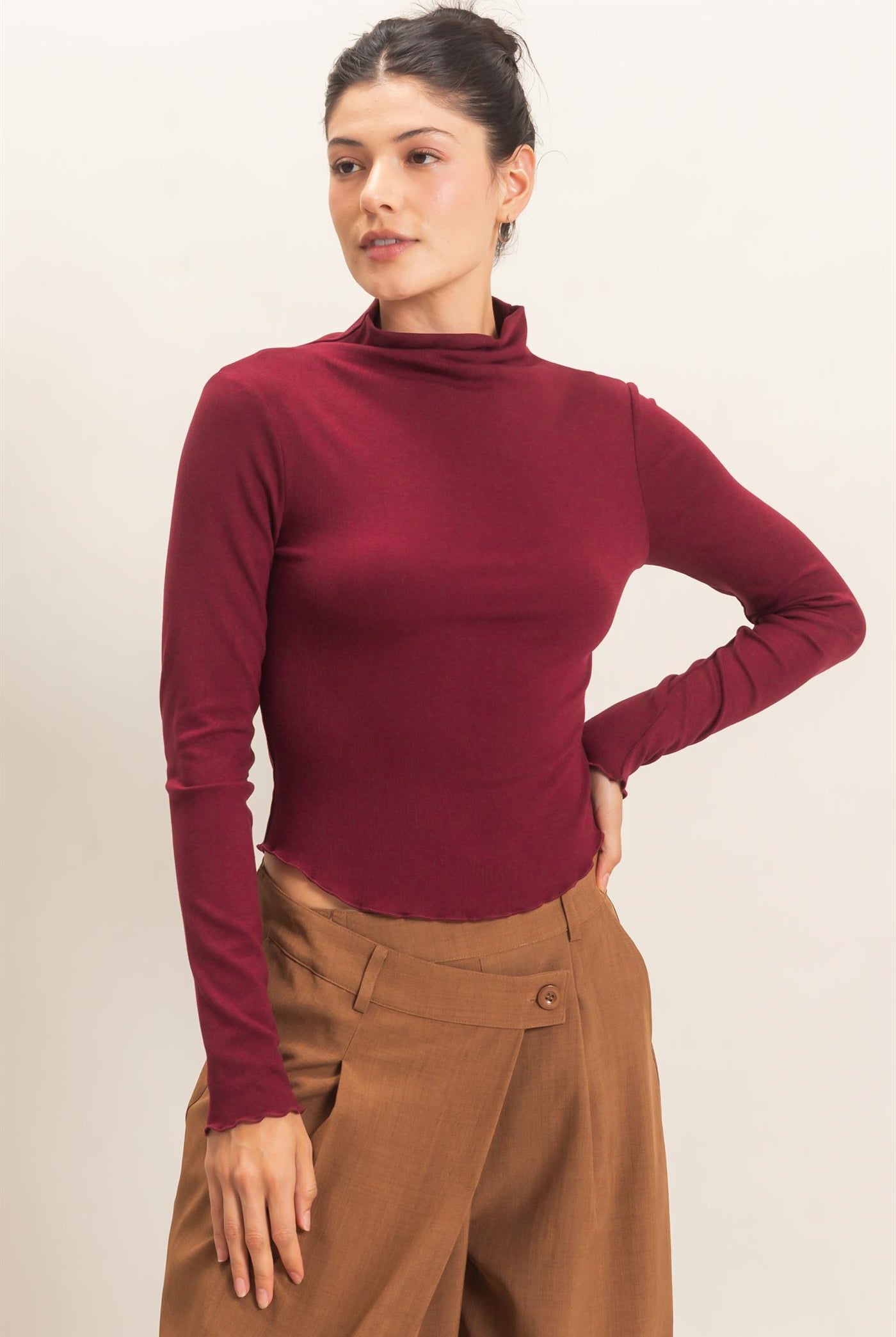Wholesale Long Sleeve Lettuce Hem Top Clothing Tops HF26F122 BURGUNDY HYFVE