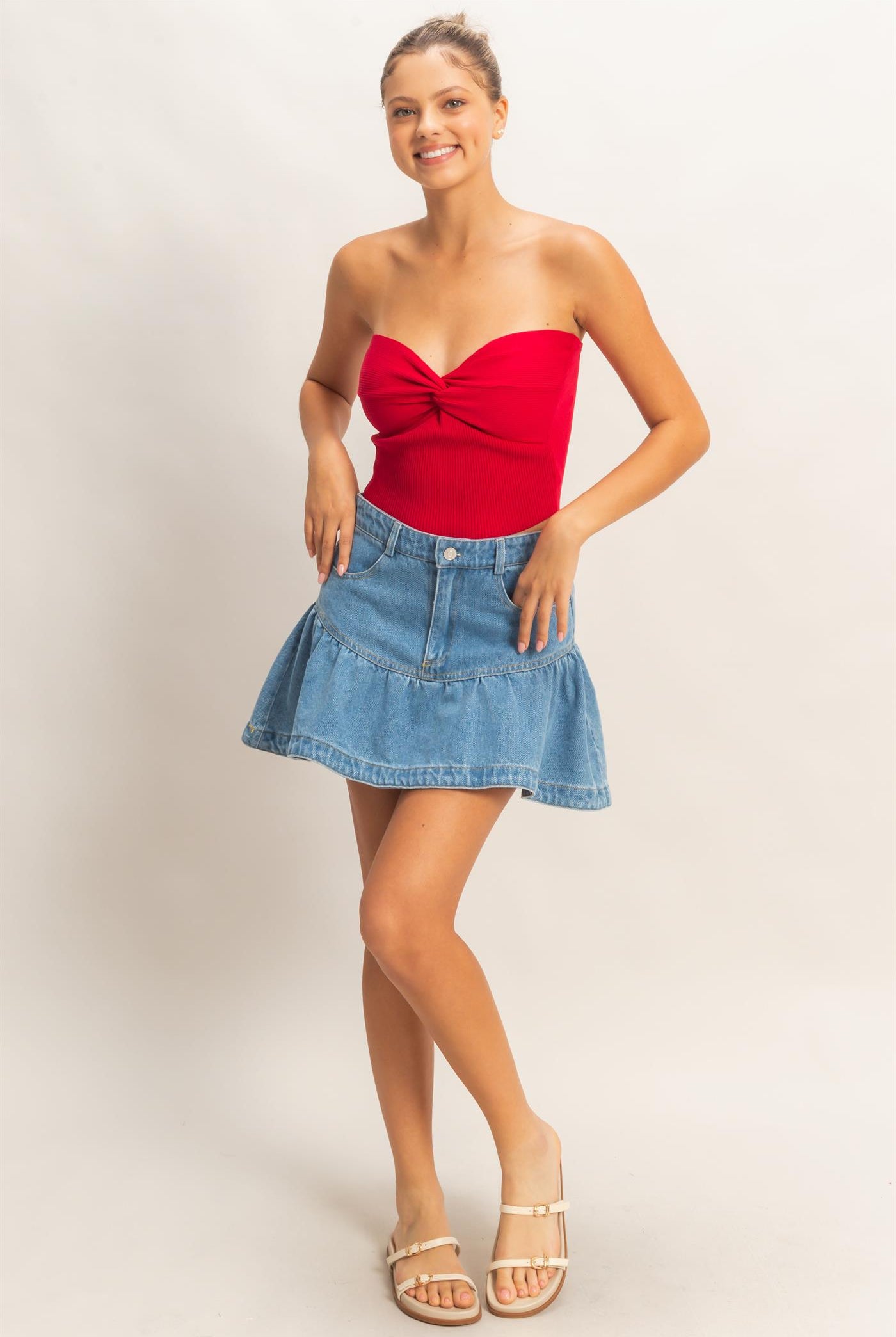 Wholesale Denim Ruffle Skirt Skirts HF26A274 MEDIUM DENIM HYFVE