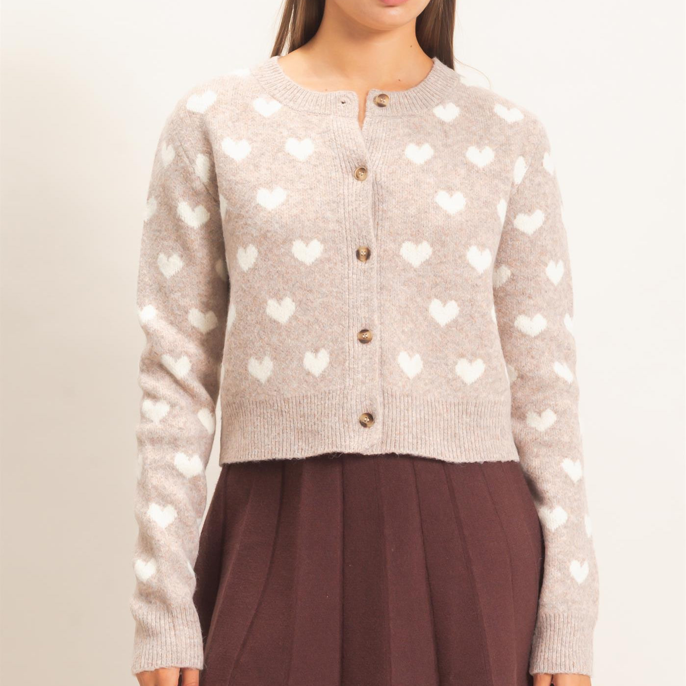 Wholesale Heart Pattern Cardigan Cardigans DZ26E320 TAUPE DOUBLE ZERO
