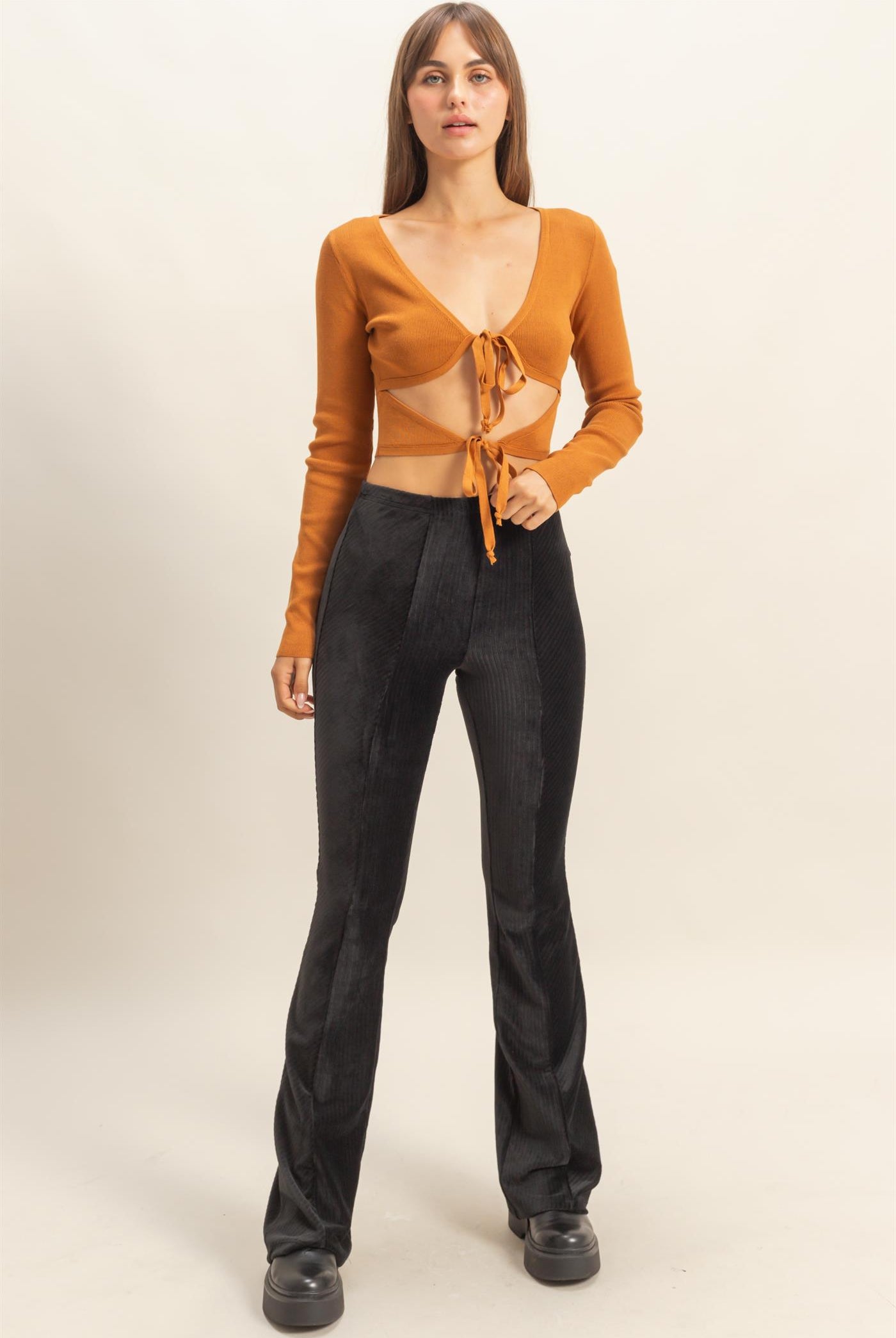 Wholesale Double Tie Cutout Crop Top Clothing Tops HF22C905 CAMEL HYFVE