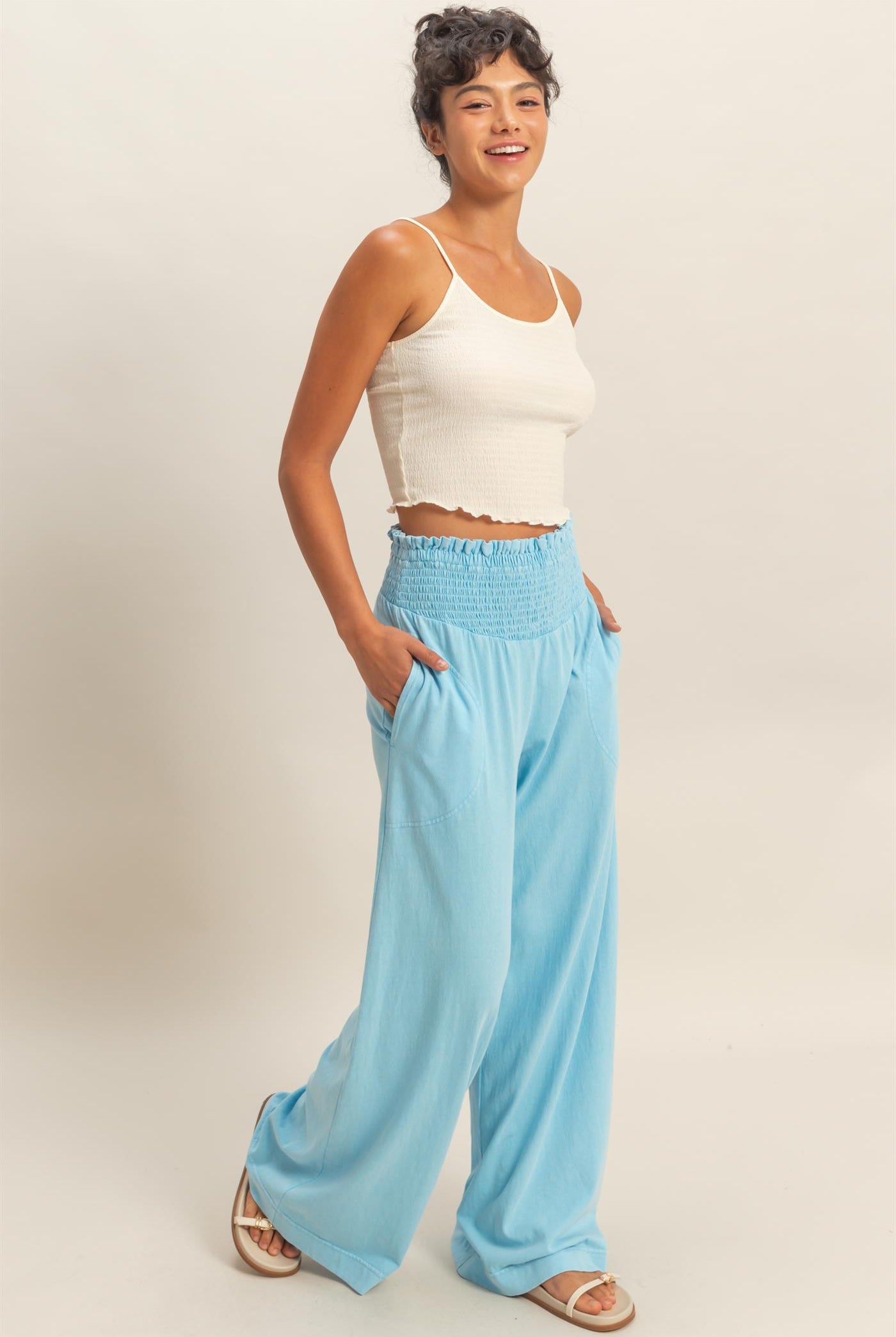 Wholesale Mineral Washed Wide-Leg Smocked Waist Pants Pants DZ26A249 BLUE DOUBLE ZERO