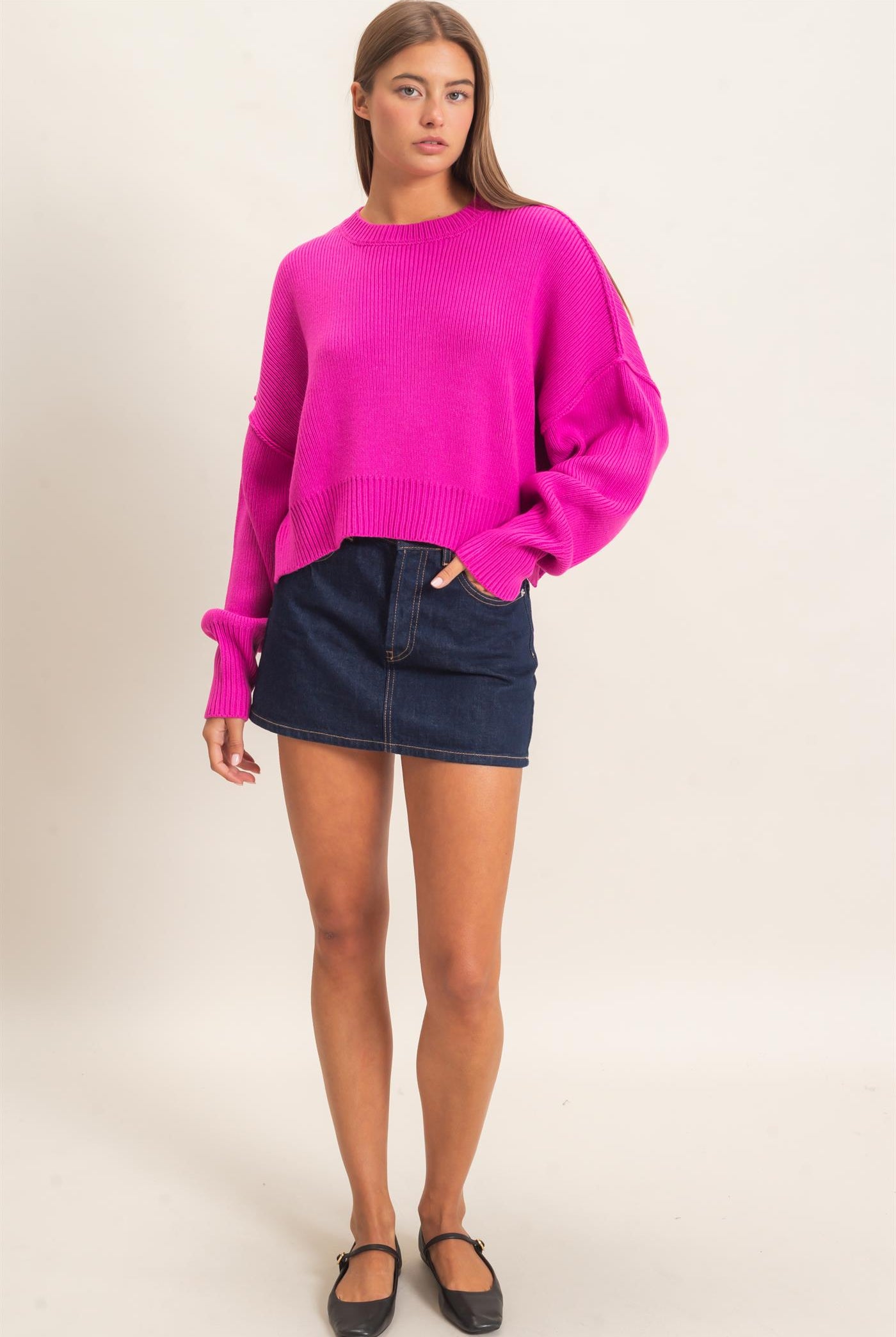 Wholesale Ribbed Drop Shoulder Sweater Sweaters DZ26C982 FUCHSIA DOUBLE ZERO