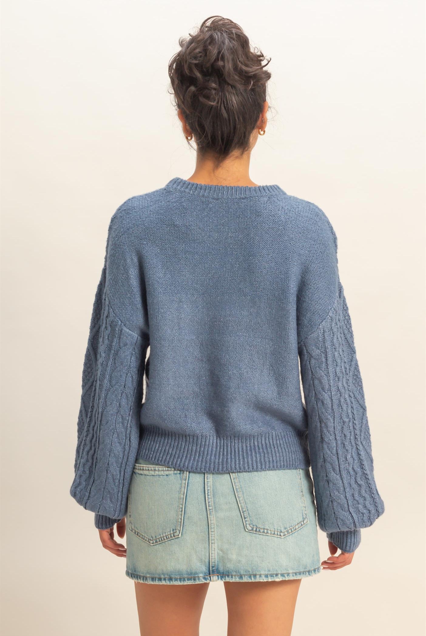 Wholesale Cable Knit Balloon Sleeve Sweater Sweaters DZ25F126 DUSTY NAVY DOUBLE ZERO