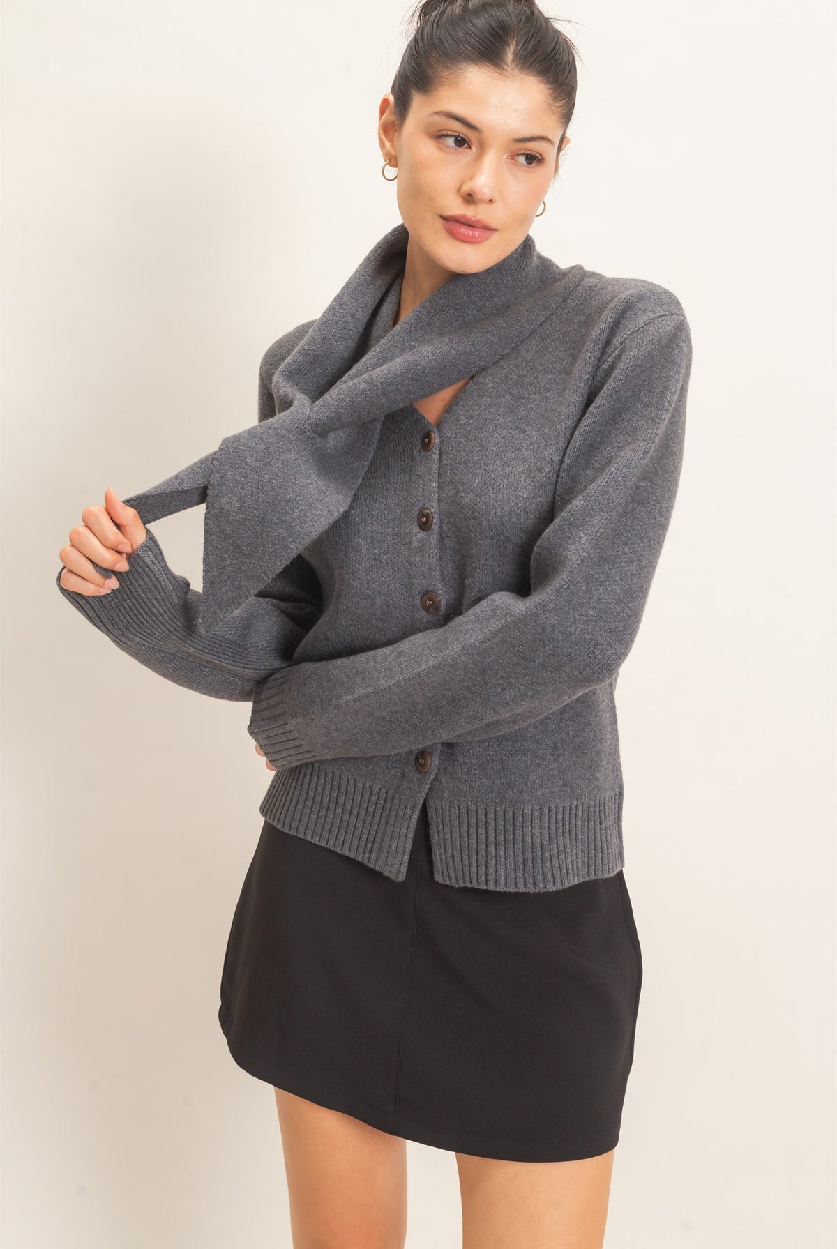 Wholesale Attached Scarf Button-Front Cardigan Cardigans HF26E870 CHARCOAL HYFVE