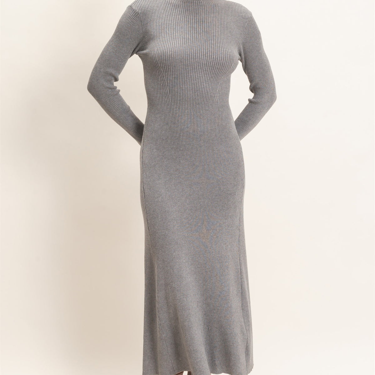 Wholesale Ribbed Mock Neck Long Sleeve Midi Dress Dresses HF26F156-D H.GRAY HYFVE