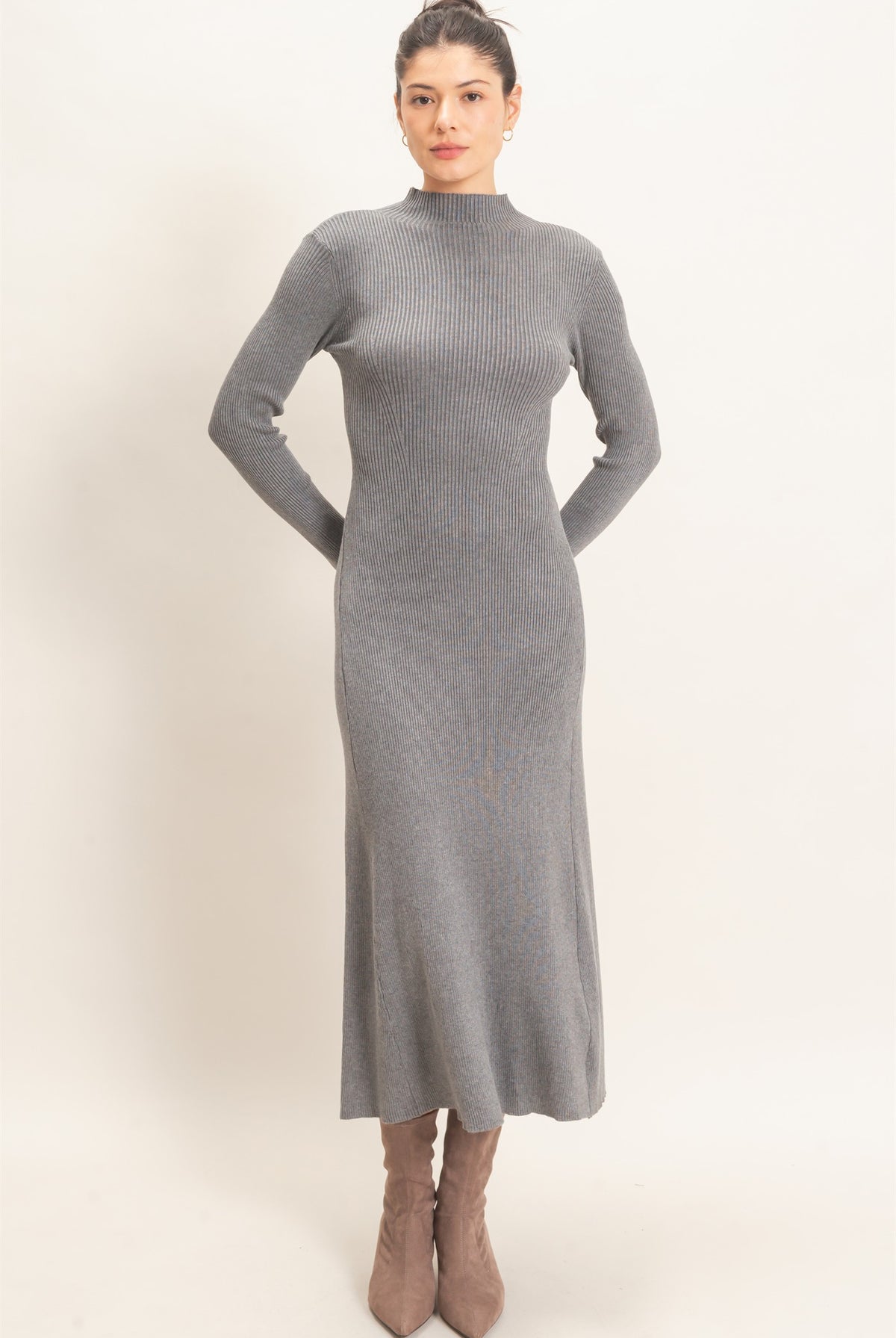 Wholesale Ribbed Mock Neck Long Sleeve Midi Dress Dresses HF26F156-D H.GRAY HYFVE