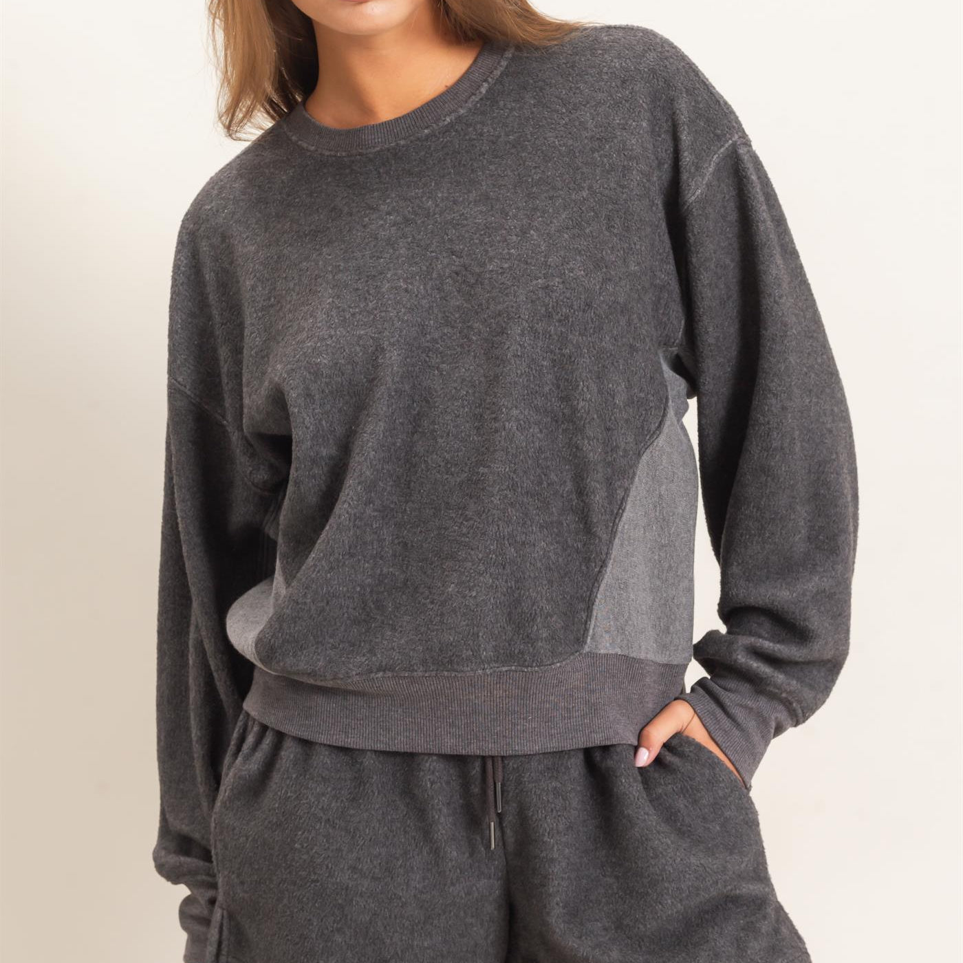 Wholesale Contrast Sweatshirt & Shorts Set Clothing DZ25F478-SET CHARCOAL DOUBLE ZERO
