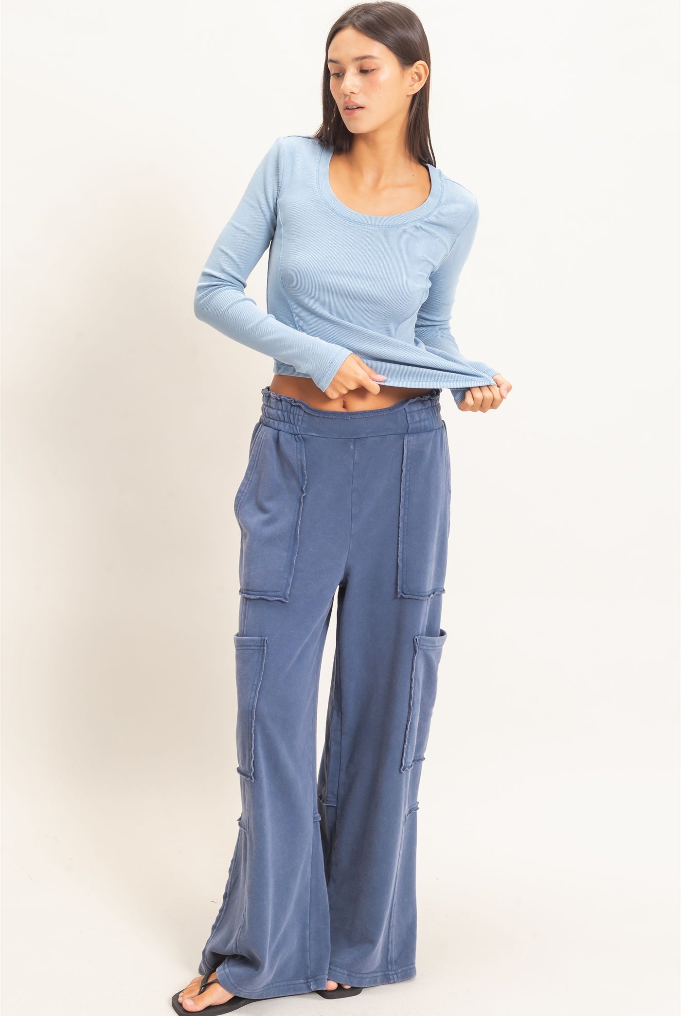 Wholesale Pigment Dye Seam Detail Scoop Neck Top Clothing Tops DZ26E242 DUSTY BLUE DOUBLE ZERO