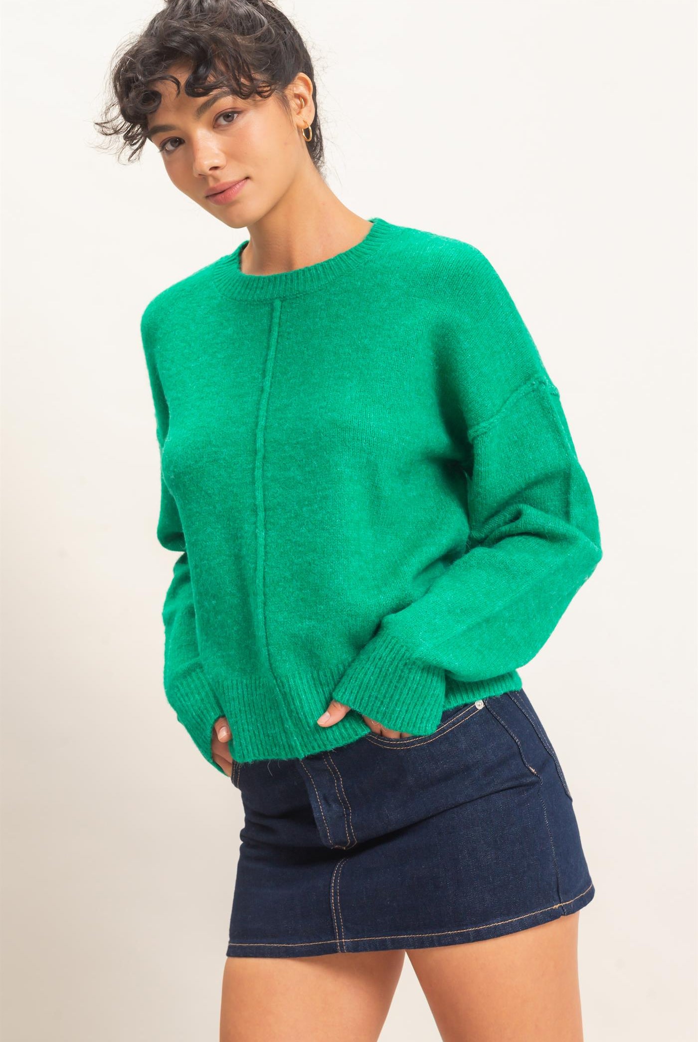 Wholesale Crew Neck Seam Detail Sweater Sweaters DZ26E240 EMERALD DOUBLE ZERO