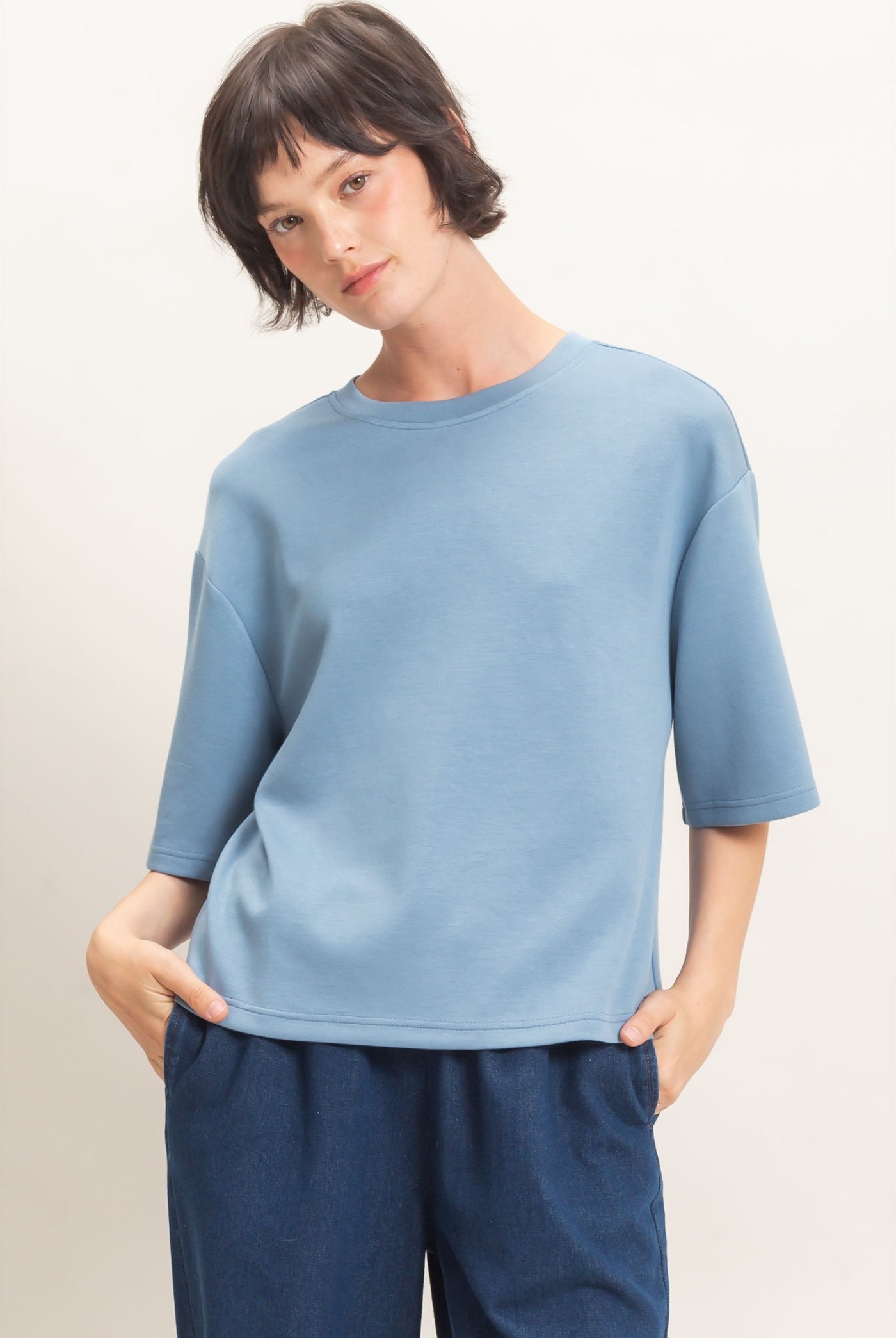 Wholesale Loose Fit Crew Neck Short Sleeve Top Clothing Tops DZ26C965 DUSTY BLUE DOUBLE ZERO