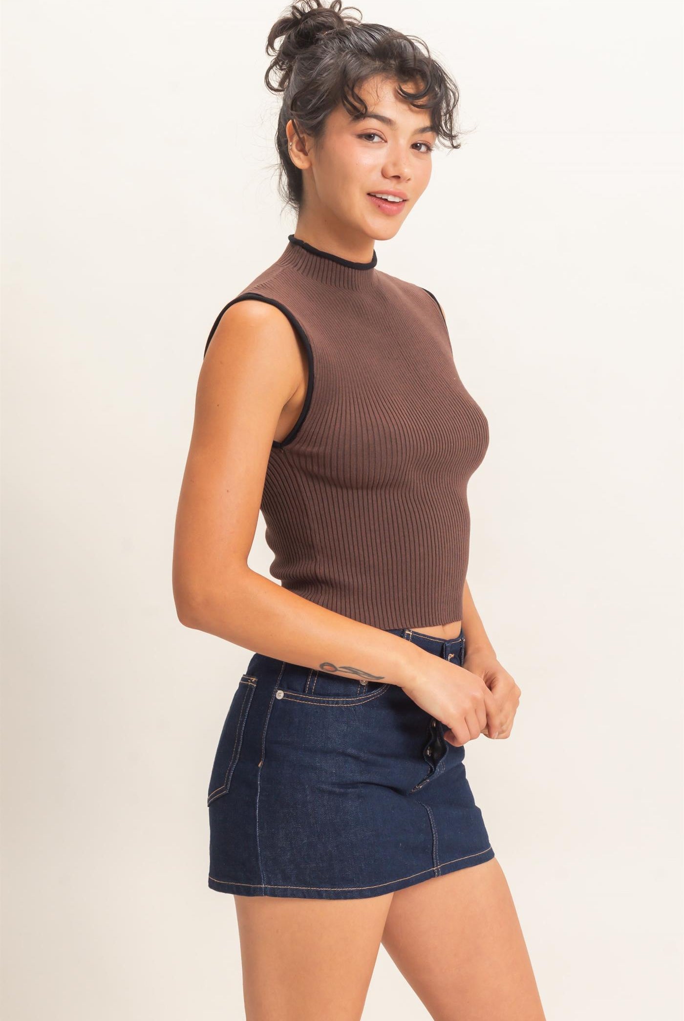 Wholesale Ribbed Mock Neck Sleeveless Top Clothing Tops DZ26E777 DARK BROWN DOUBLE ZERO