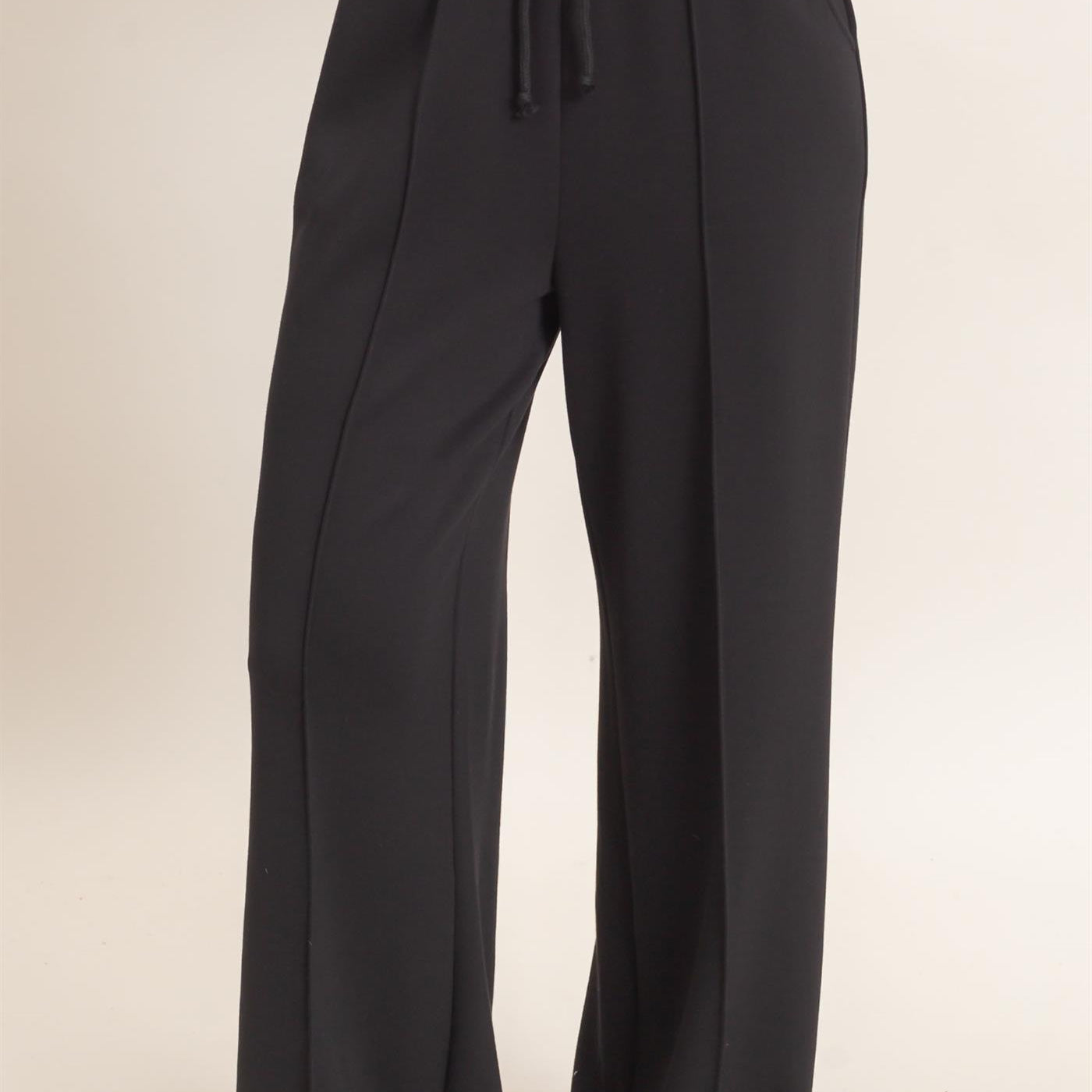 Wholesale Drawstring Waist Pintuck Wide Leg Pants Pants DZ26E384 BLACK HYFVE