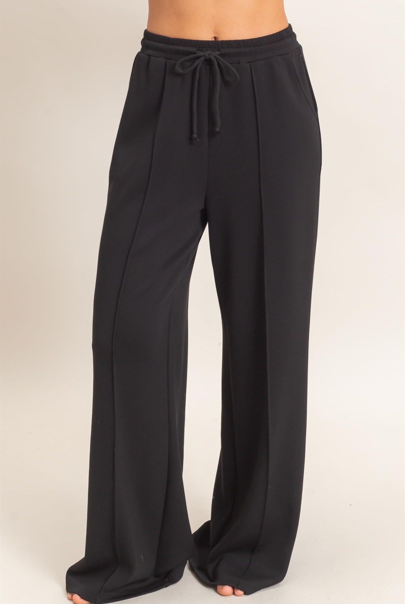 Wholesale Drawstring Waist Pintuck Wide Leg Pants Pants DZ26E384 BLACK HYFVE