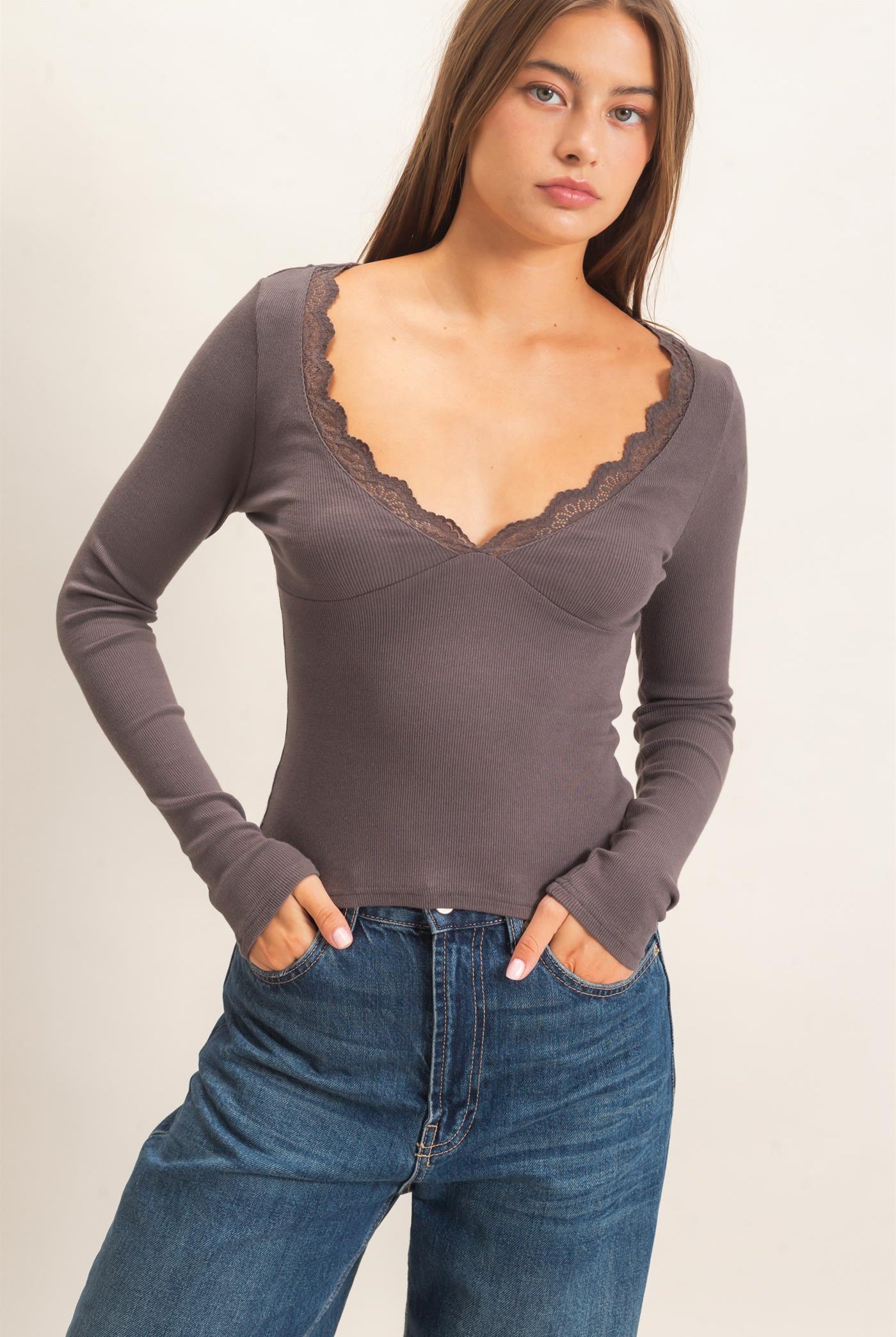Wholesale Lace Trim V-Neck Top Clothing Tops DZ26E913 CHARCOAL DOUBLE ZERO
