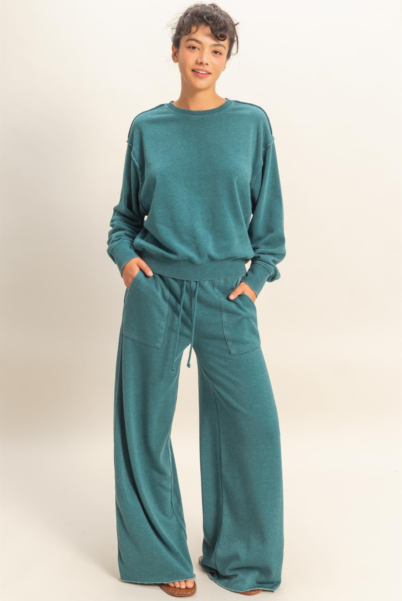 Wholesale Raw Edge Detail Burnout Sweatshirt Sweatshirts DZ26A048 DARK TEAL DOUBLE ZERO