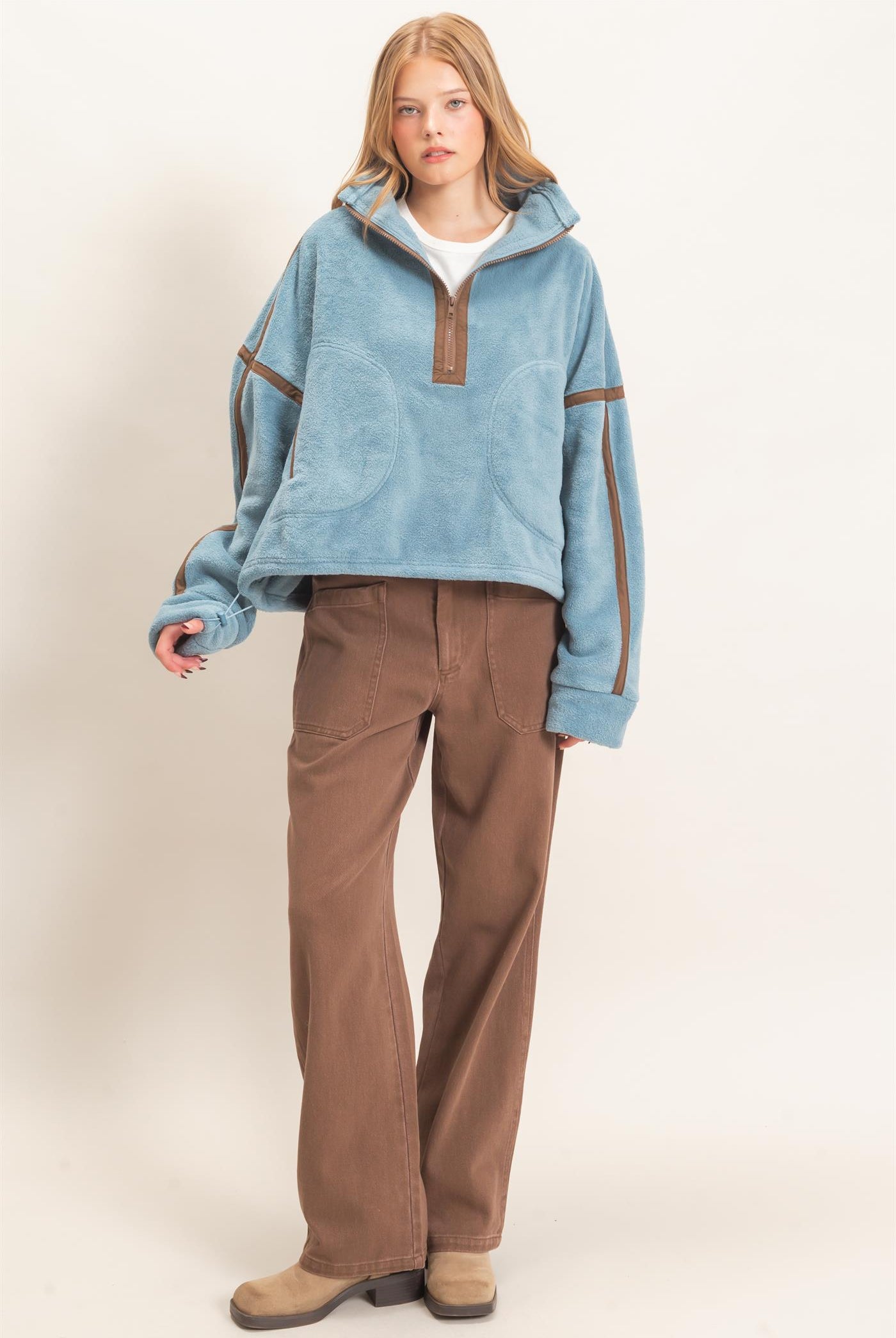 Wholesale Contrast Trim Half-Zip Fleece Pullover Outerwear HF26F206-D D.BLUE HYFVE