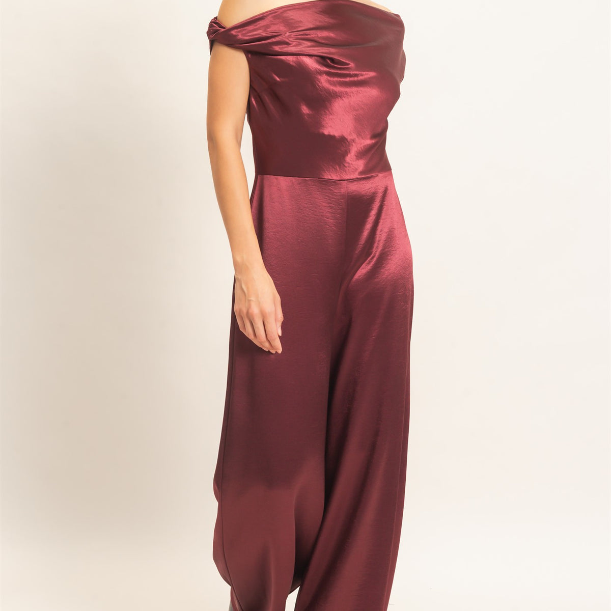Wholesale Asymmetrical Cowl Neck Wide Leg Jumpsuit Clothing HF26F009 WINE HYFVE