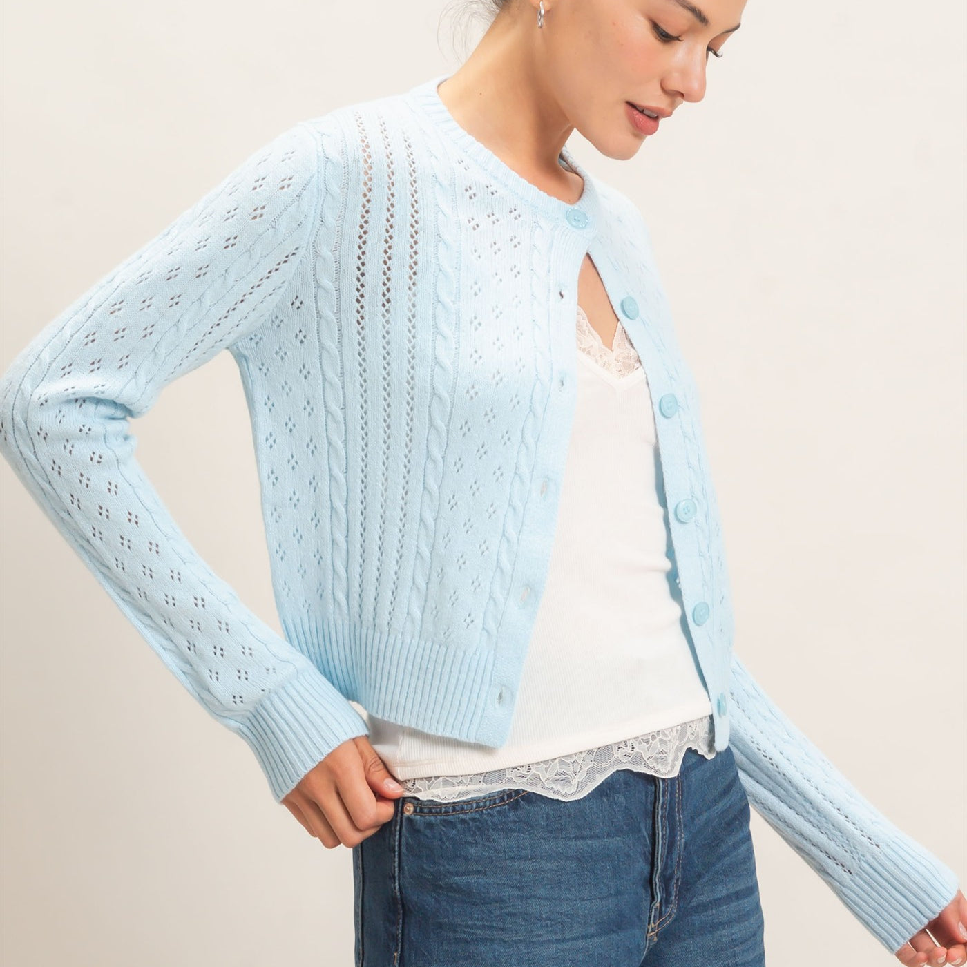 Wholesale Cable Knit Cardigan Cardigans HF26E150 BLUE HYFVE