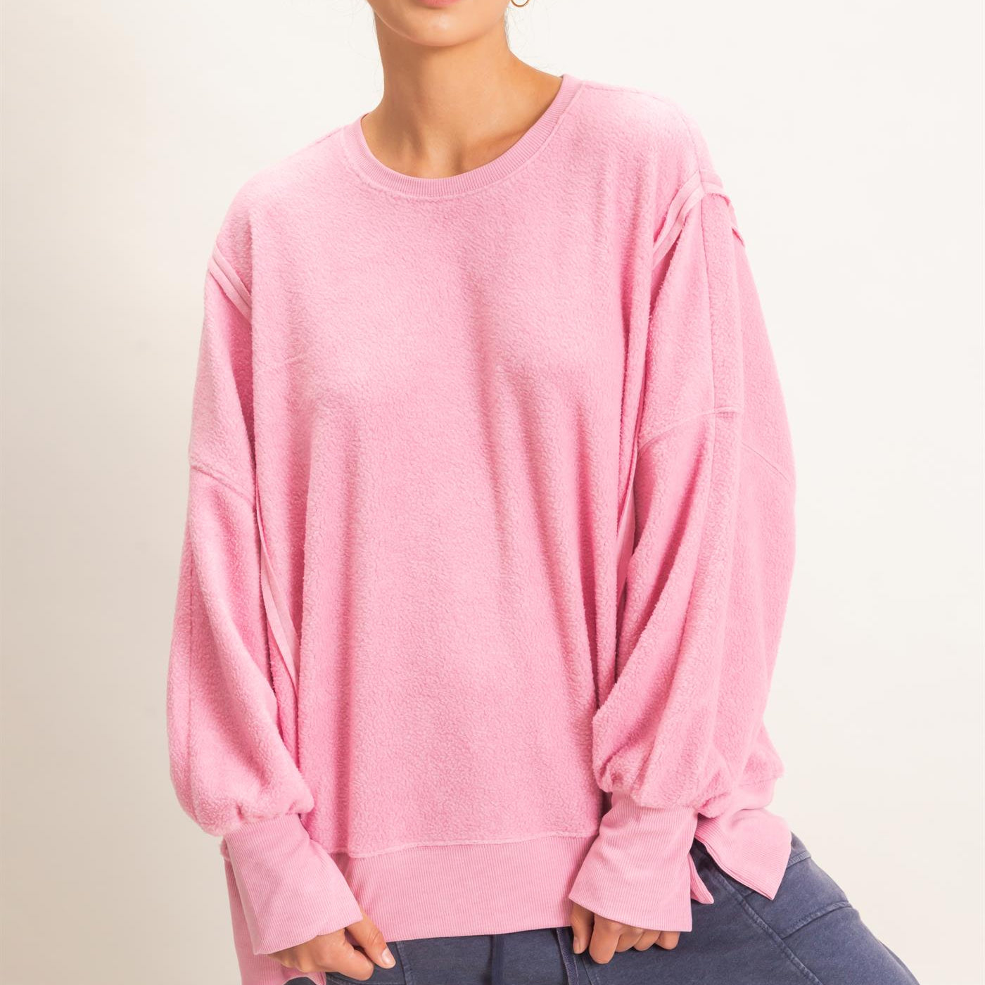 Wholesale Oversized Raw Edge Crew Neck Sweatshirt Sweatshirts DZ26E273 PINK DOUBLE ZERO