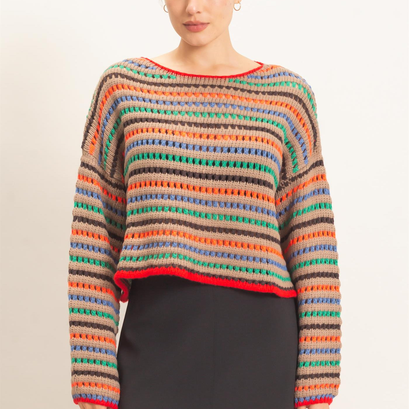 Wholesale Striped Knit Sweater Sweaters HF26F189 MOCHA HYFVE