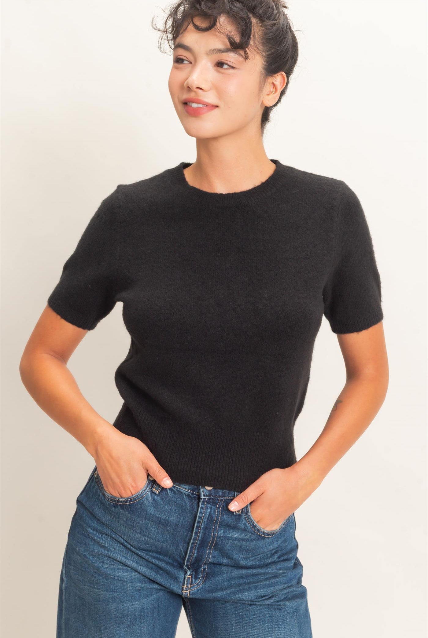 Wholesale Crew Neck Short Sleeve Knit Top Clothing Tops DZ26E944 BLACK DOUBLE ZERO
