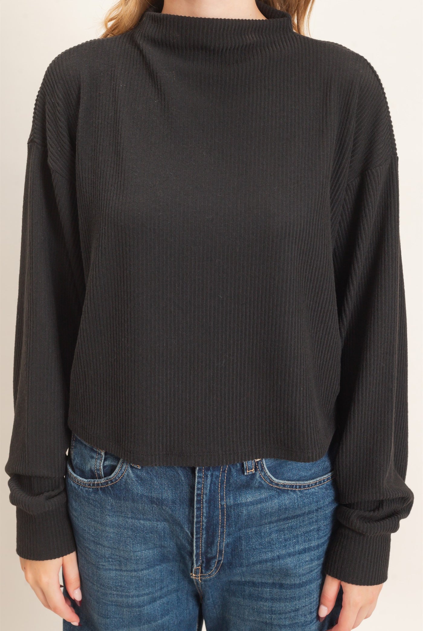 Wholesale Ribbed Mock Neck Top Clothing Tops HF26F030 BLACK HYFVE
