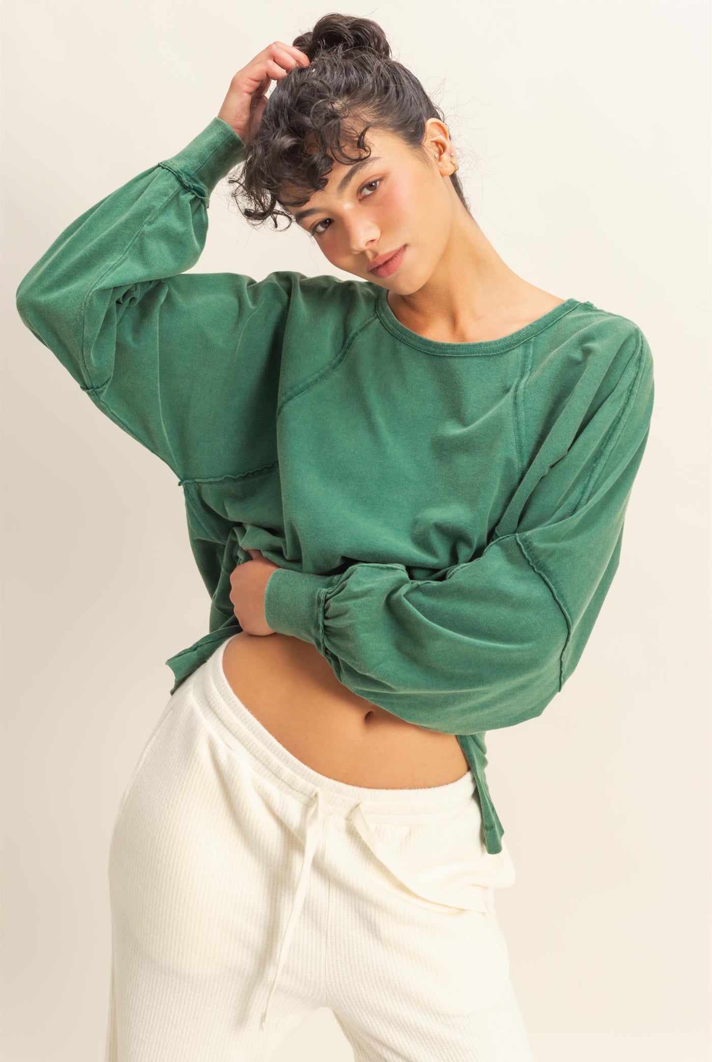 Wholesale Washed Oversized Long Sleeve Top With Slit Clothing Tops DZ25C921 DARK GREEN HYFVE